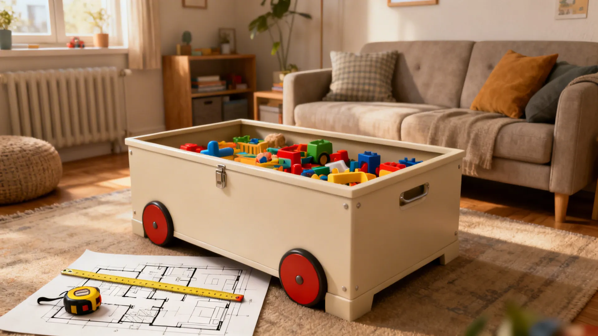 Cream toy chest on wheels filled with colorful blocks next to a floor plan drawing