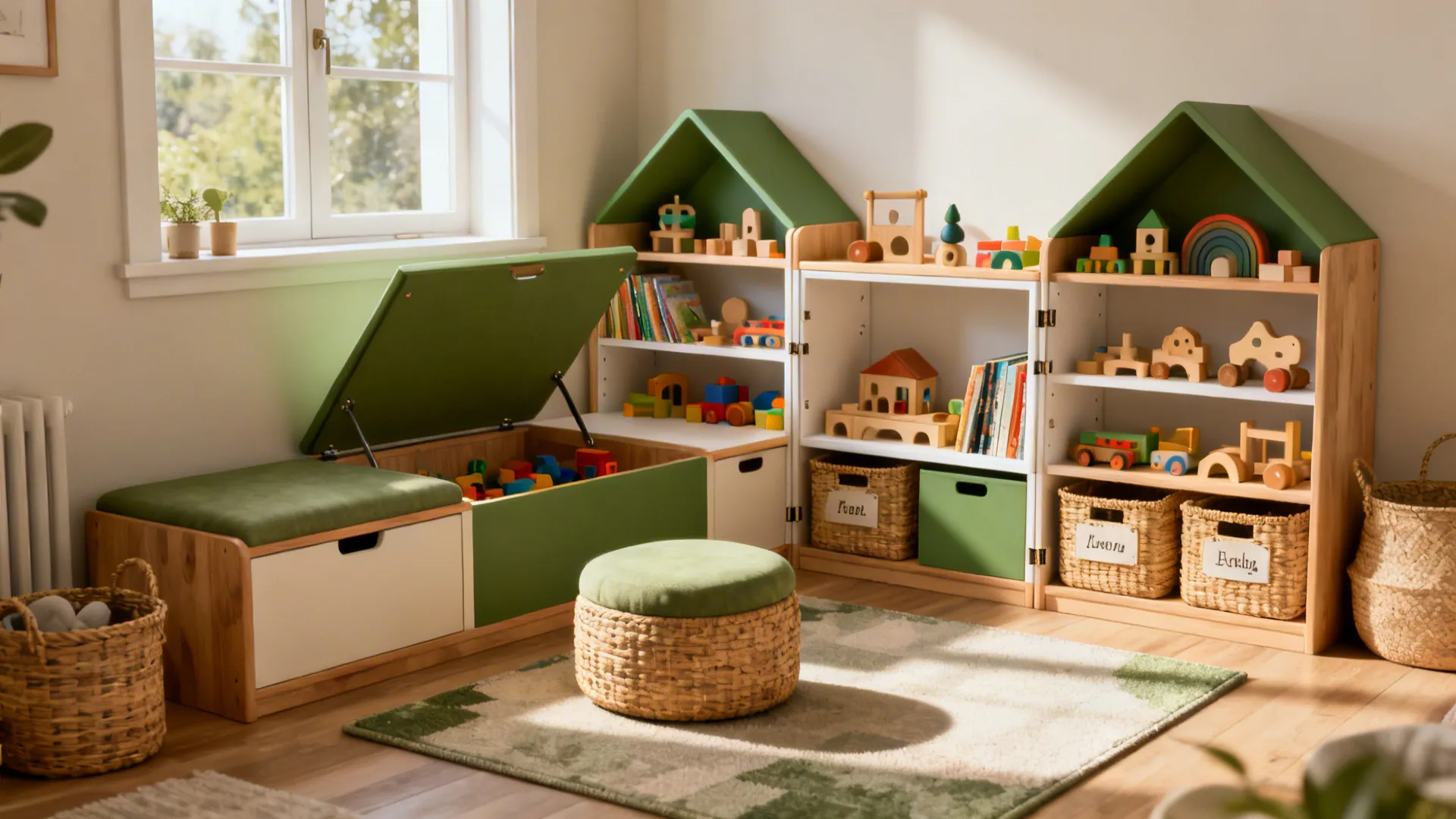 Organized kids playroom featuring house shaped bookshelves green storage bench wooden toys and woven rug