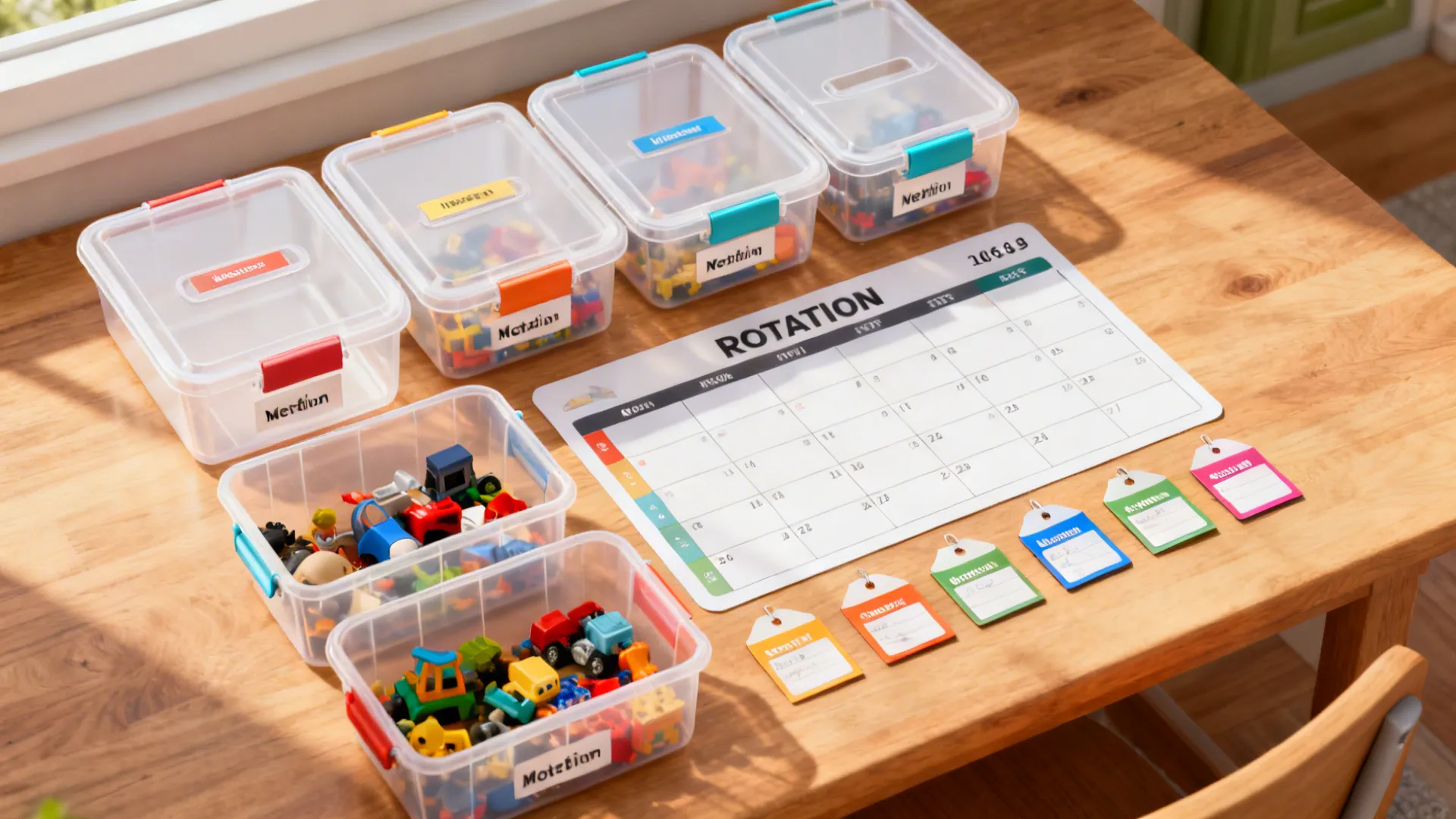 Flatlay of labeled clear bins and rotation cards for a toy rotation system
