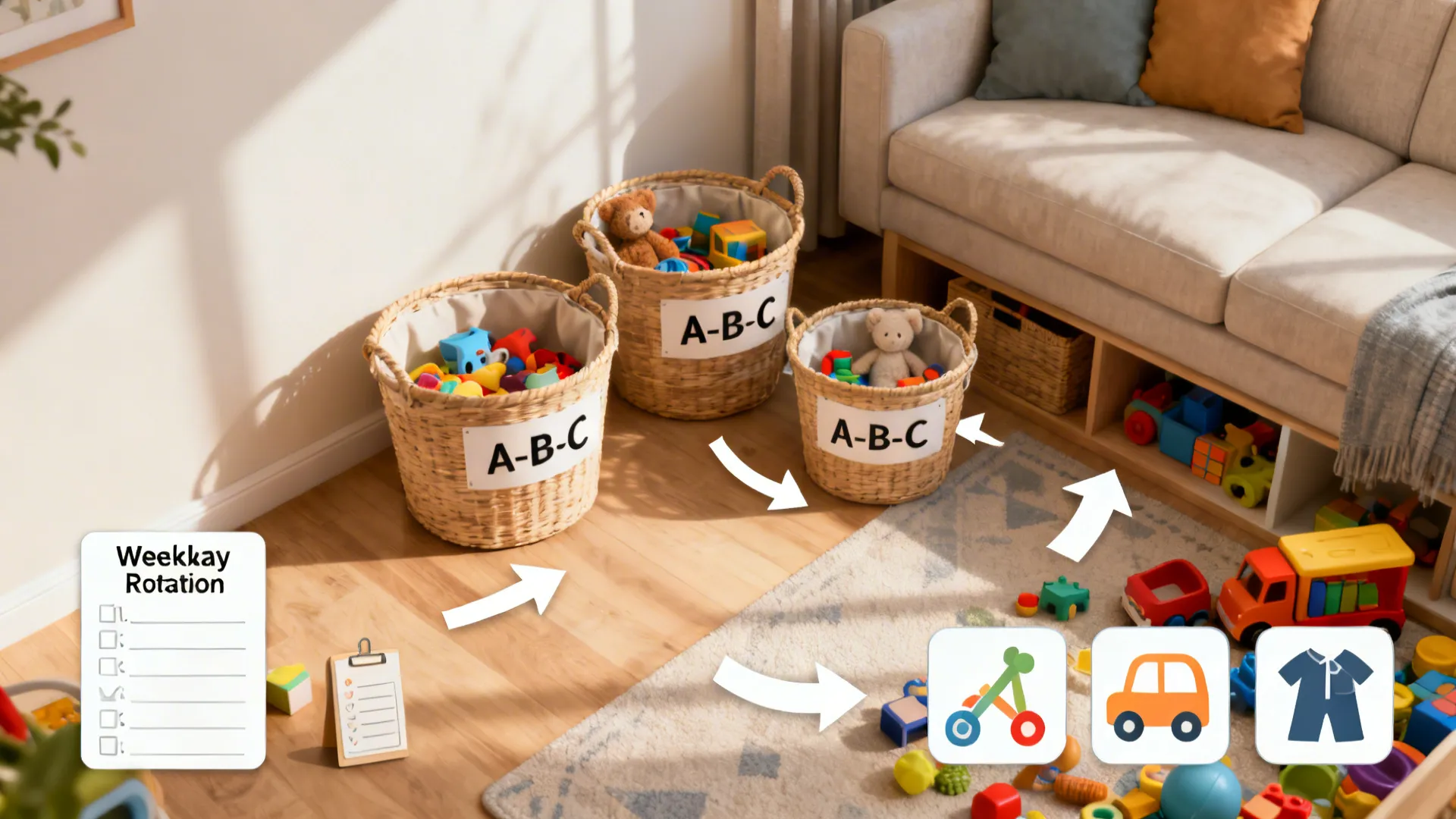 Infographic showing toy rotation using three labeled woven baskets on wood floor near beige sofa