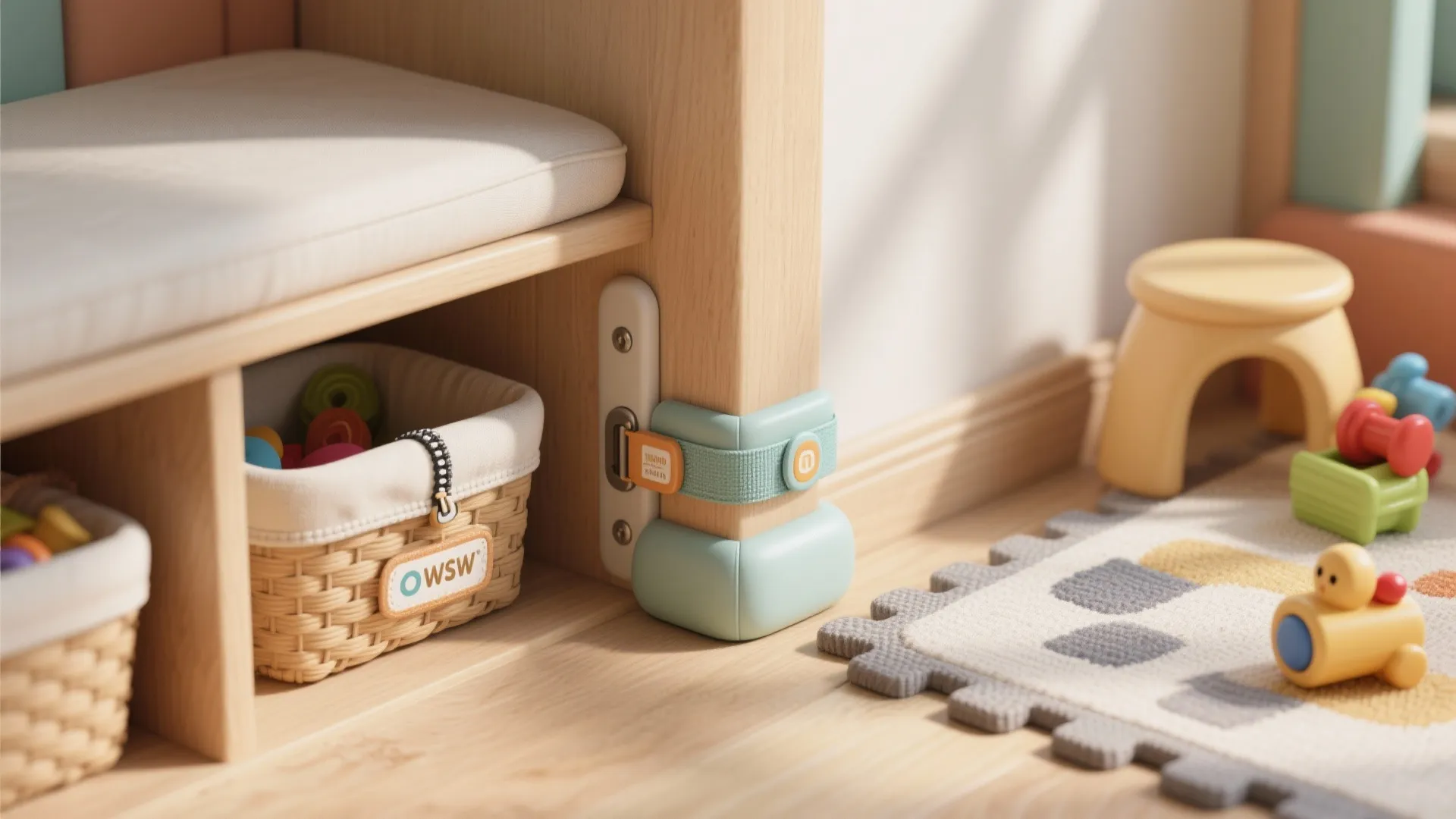 Close up of wooden furniture with safety corner guards woven baskets and small child footrest