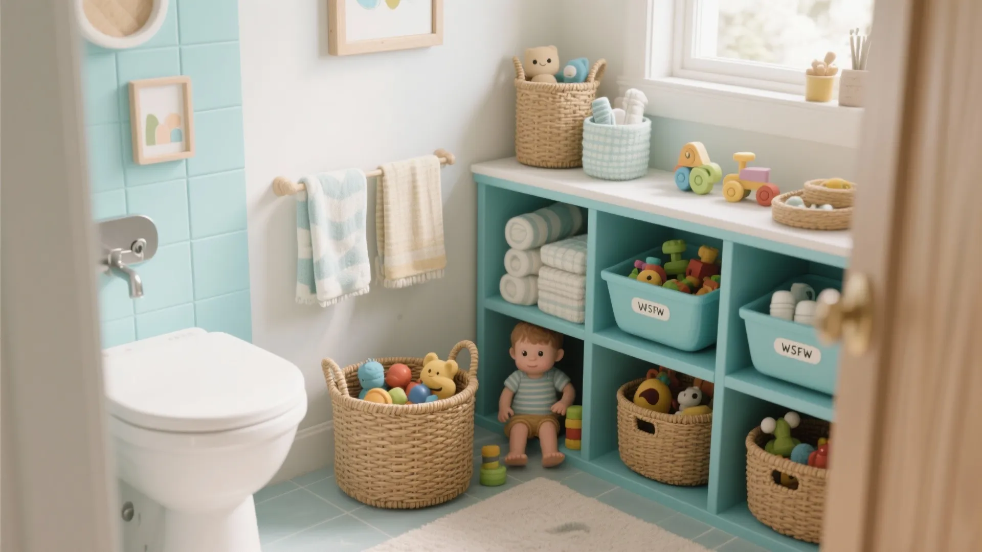 Organized toy storage with open baskets and ocean-colored wall cubbies in a small bathroom.