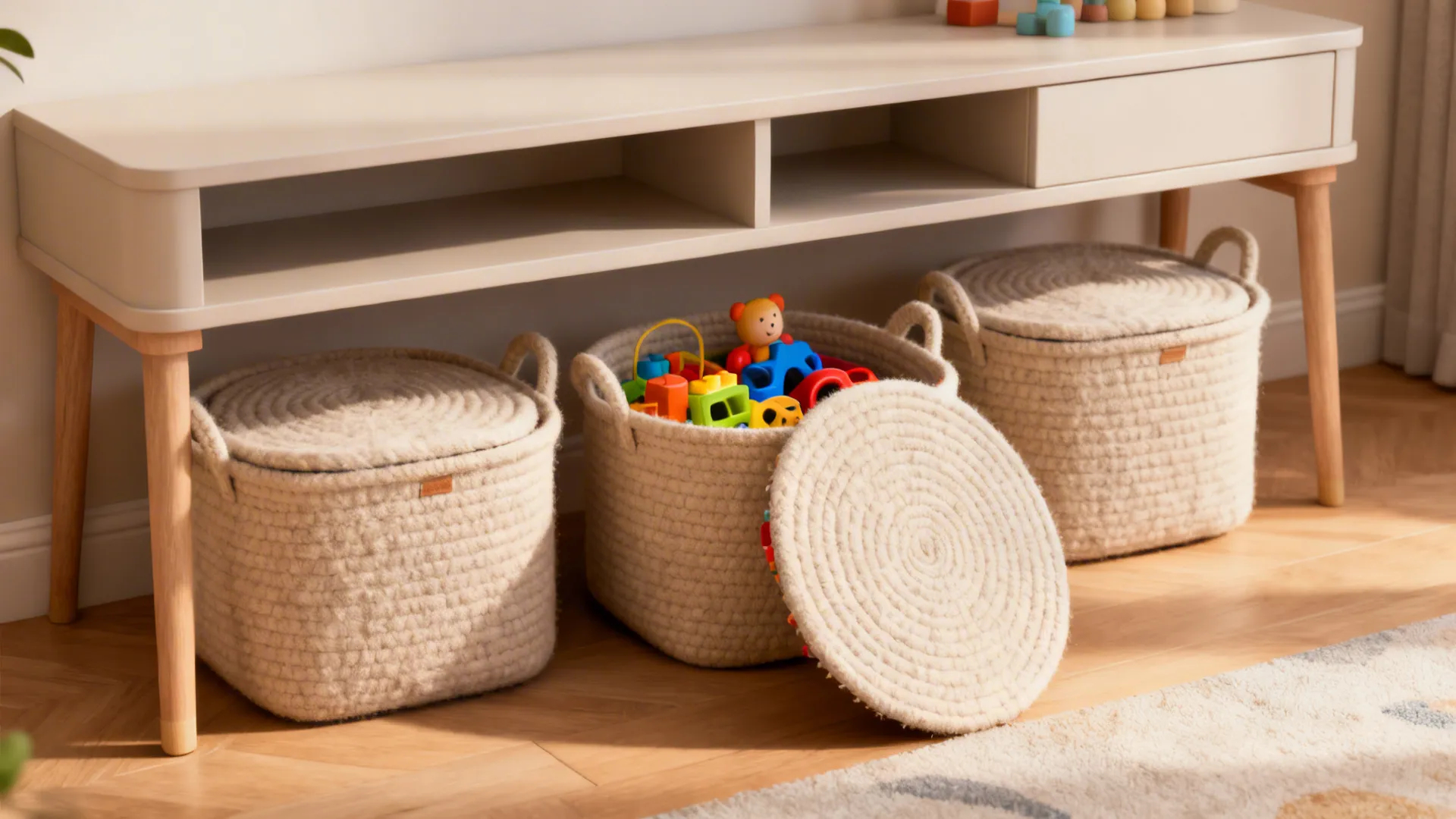 Three round rope storage baskets under white table with one open showing colorful plastic toys