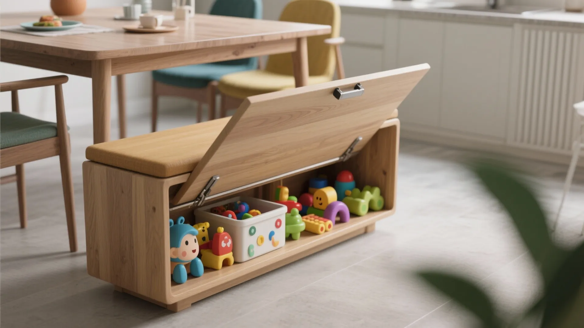 Wooden toy storage bench with an open lid filled with colorful toys in a dining room