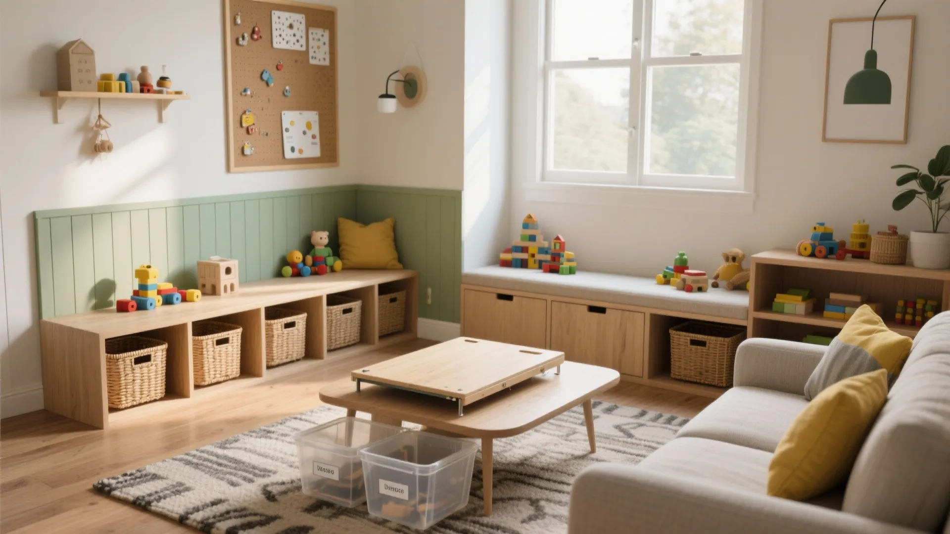 Bright living room play area with wooden toy storage cabinets wicker baskets and soft grey sofa