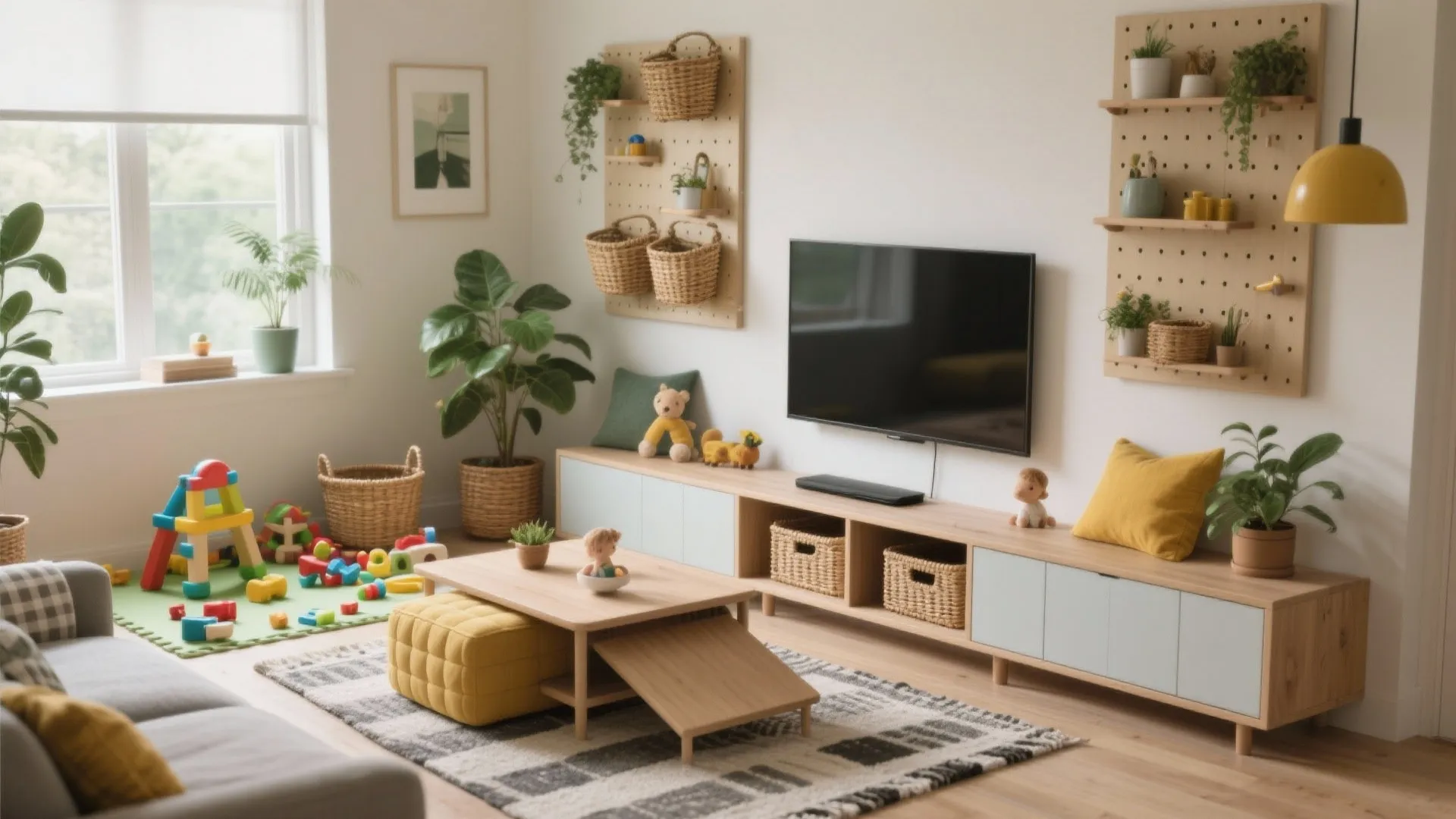 Modern living room featuring a long wooden tv stand with colorful toys and pegboard wall