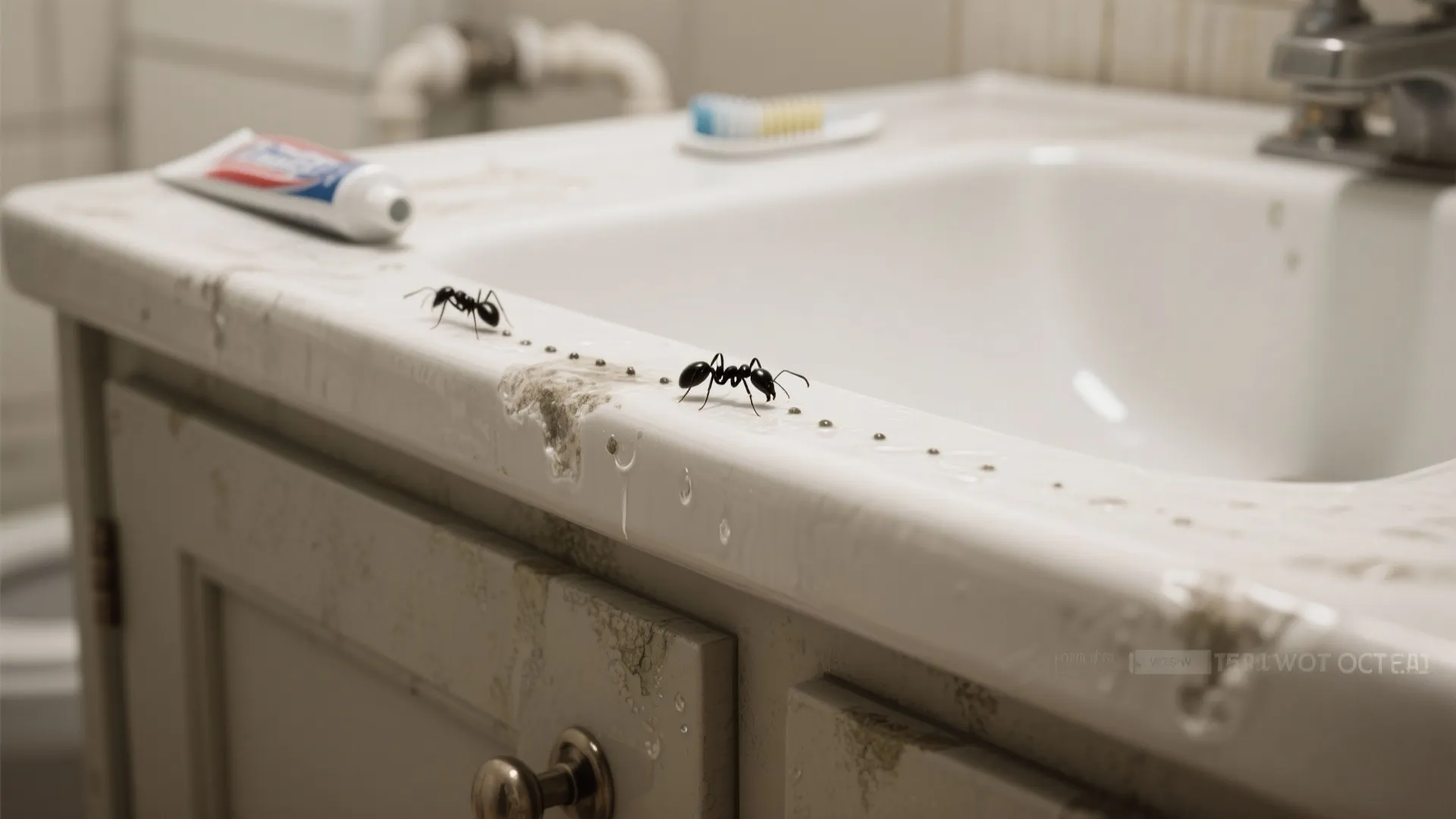 Close-up of black ants following residue on a bathroom vanity edge leading toward a slightly open cabinet.