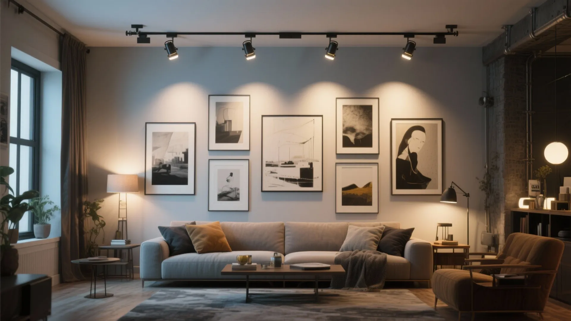Modern living room with track light fixture shining on a gallery wall above grey sofa