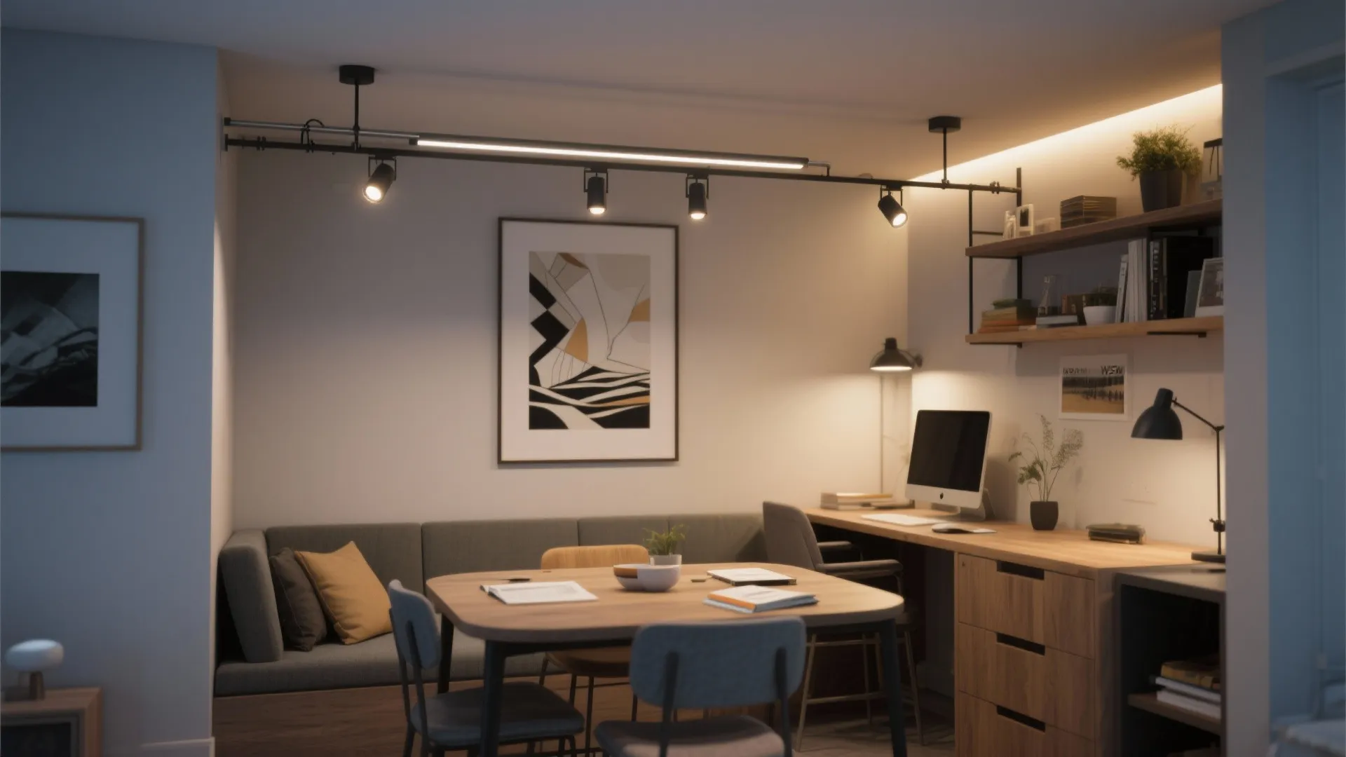 Dining nook with a slim track lighting rail and adjustable spot heads aimed to illuminate table and workspace.