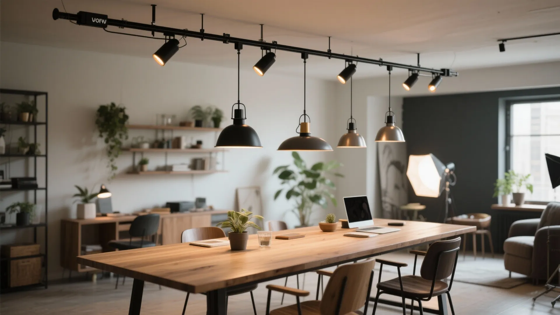 5. Track lighting with adjustable pendants for multifunctional spaces