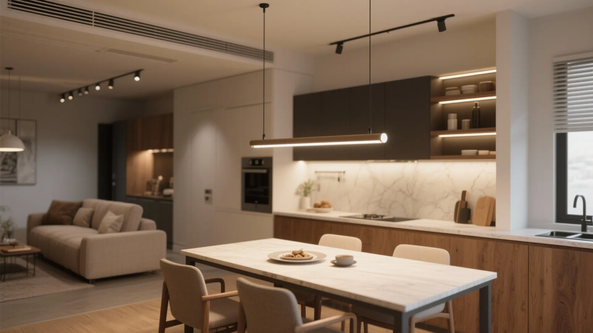 Modern open plan kitchen with linear ceiling light wooden cabinets marble back panel and white table