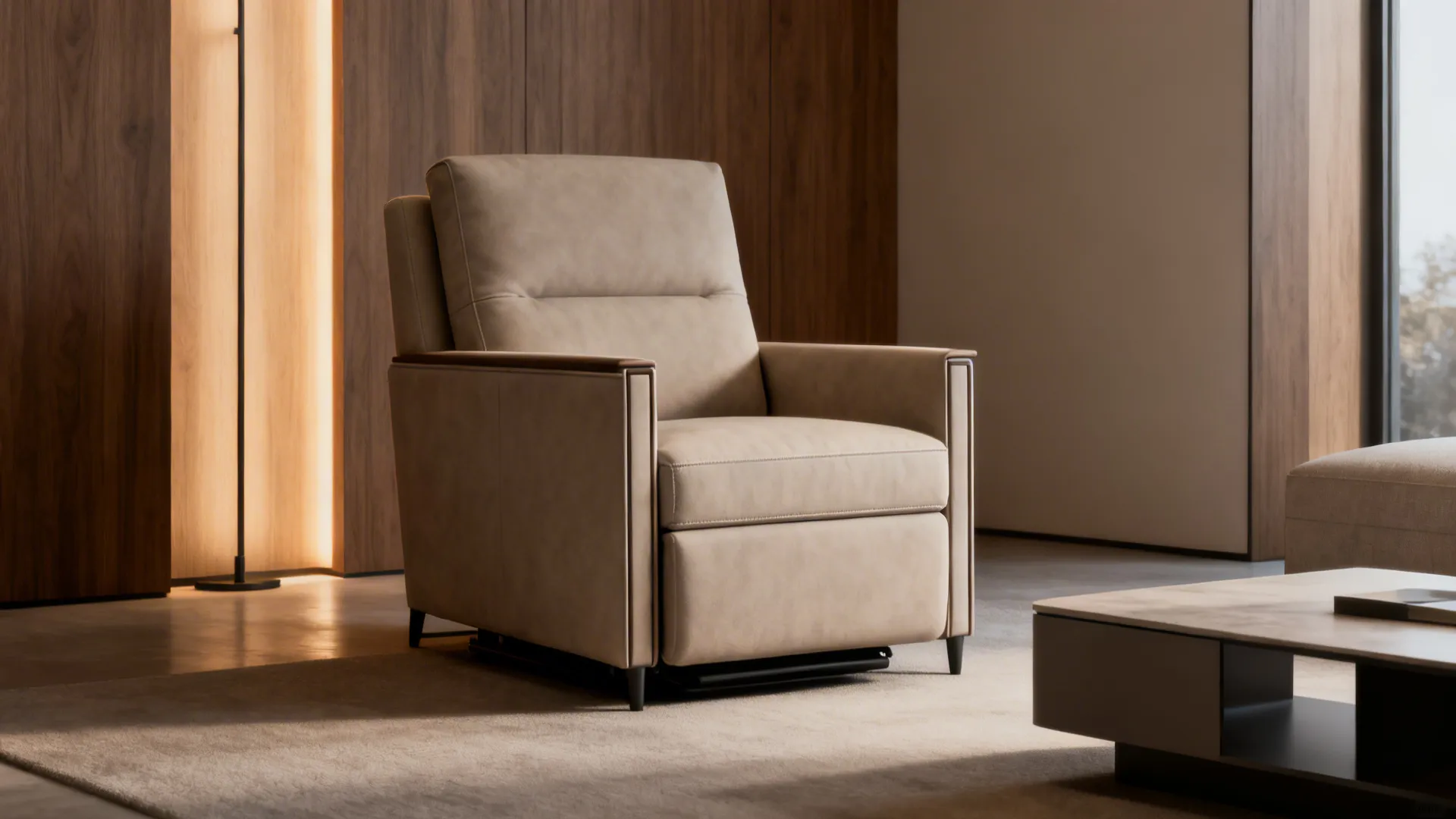 Modern track-arm recliner with narrow straight arm and clean seams