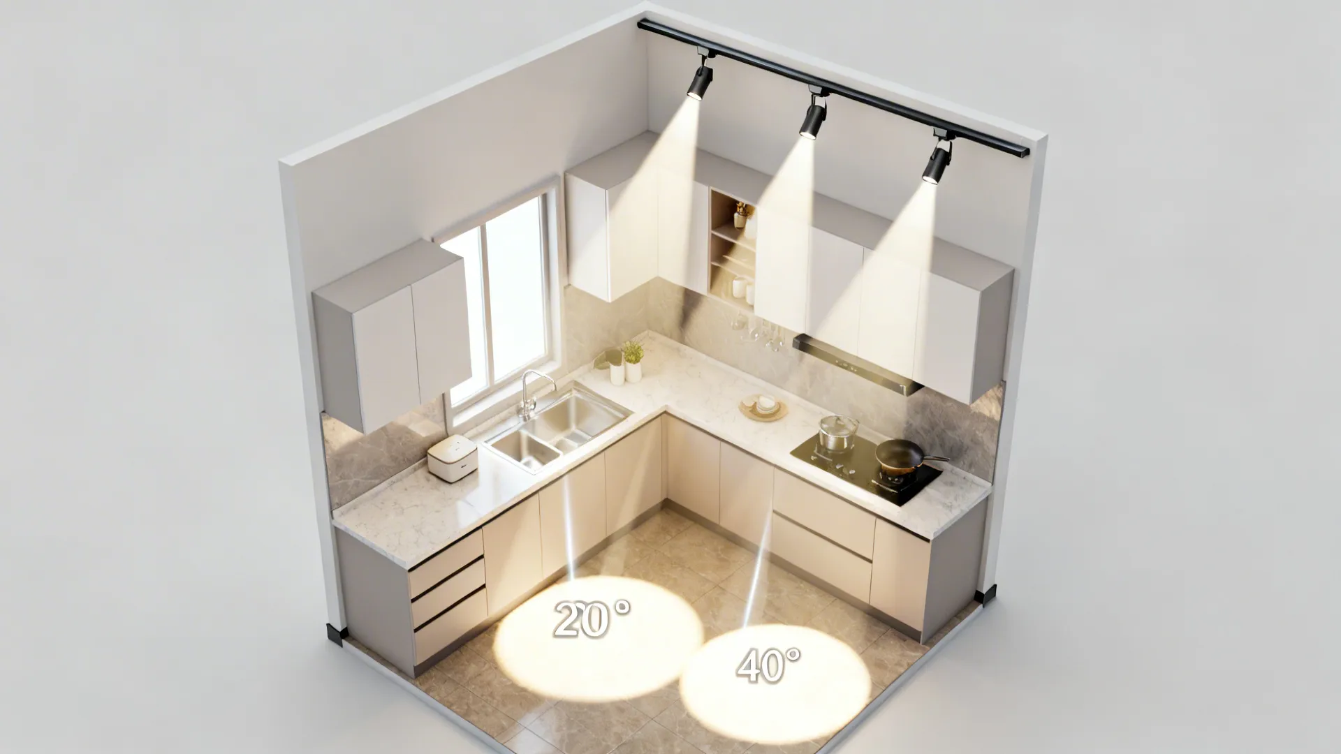Top-down view showing adjustable track heads with different beam angles illuminating kitchen zones.