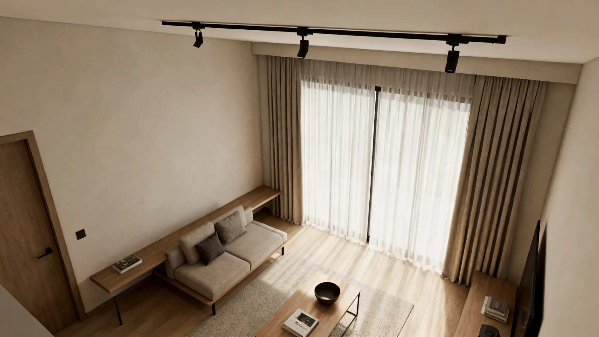Ceiling track curtain sliding behind a thin console to save space in a compact living room.