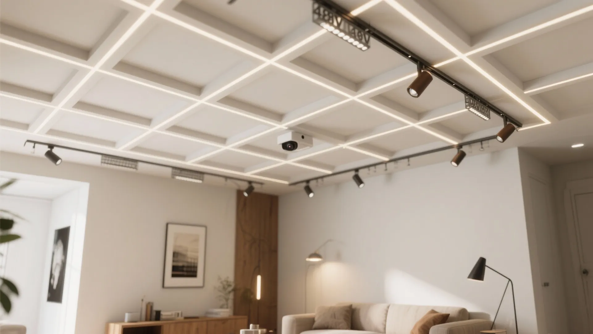 Living room interior design drawing featuring a white grid ceiling with light fixture and spotlights