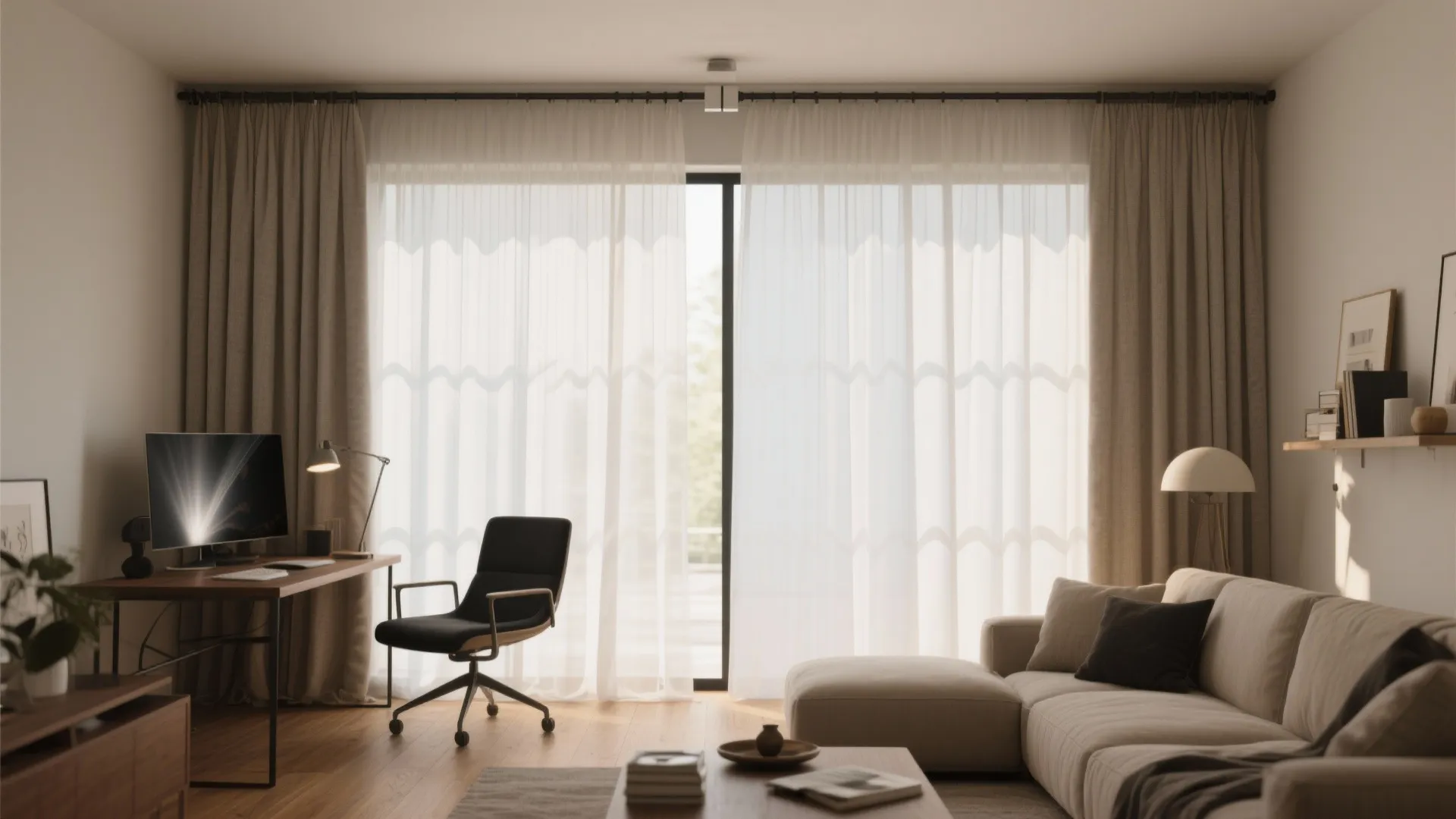 Modern living room with desk, black chair, beige sofa, and large windows with white curtains