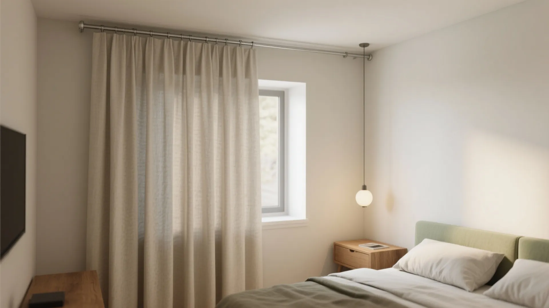 Minimalist bedroom featuring light beige curtain wood bedside table small ceiling light and white walls