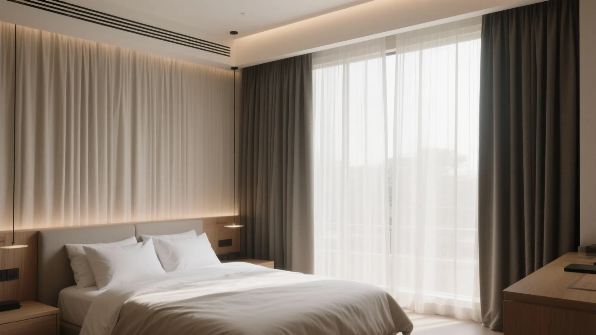 Modern bedroom featuring white bed, brown curtains, sheer white curtains, wall panels, and warm lighting