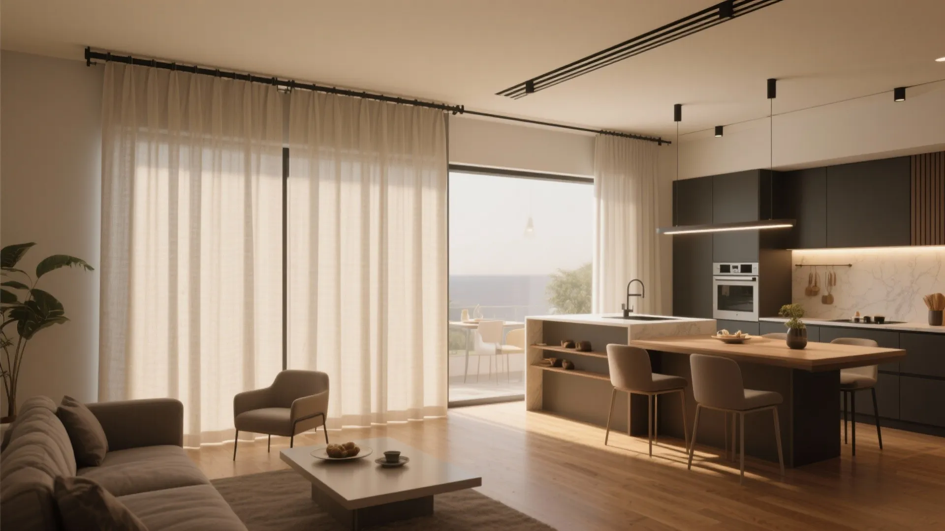 5. Track Curtains to Zone an Open Kitchen