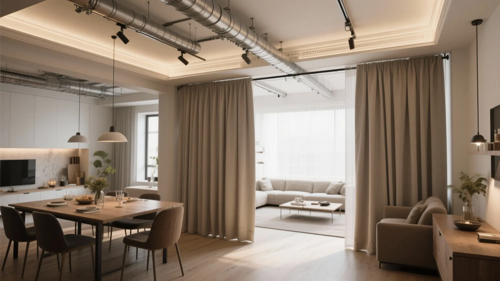 5. Track curtains for open-plan dining flexibility