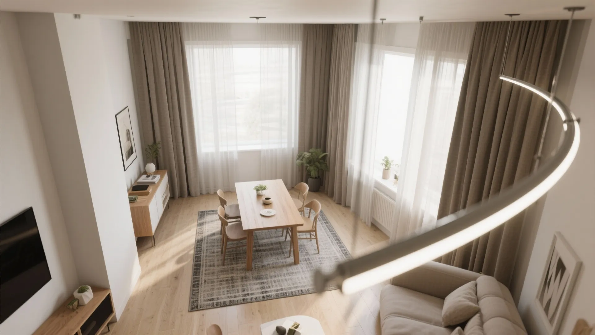 High angle view of a dining room with long brown curtains and wooden table set