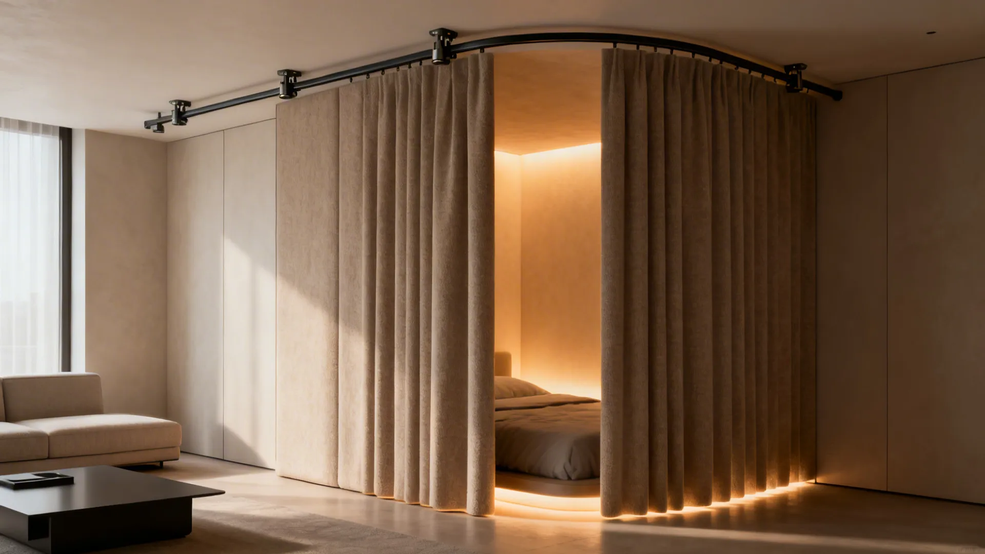 Studio apartment using curved ceiling track curtains as a room divider to separate the bedroom area