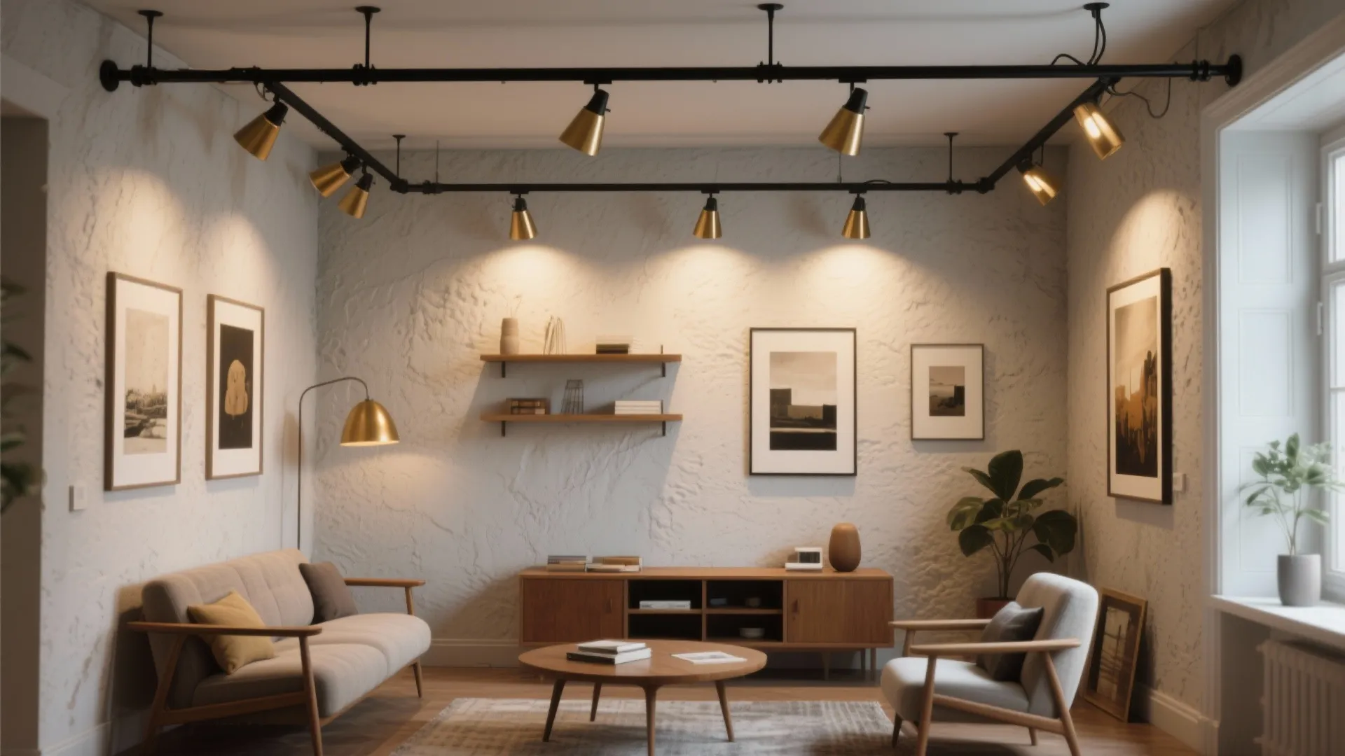 Modern living room with black track lighting gold spotlights grey sofa wood cabinet and artwork