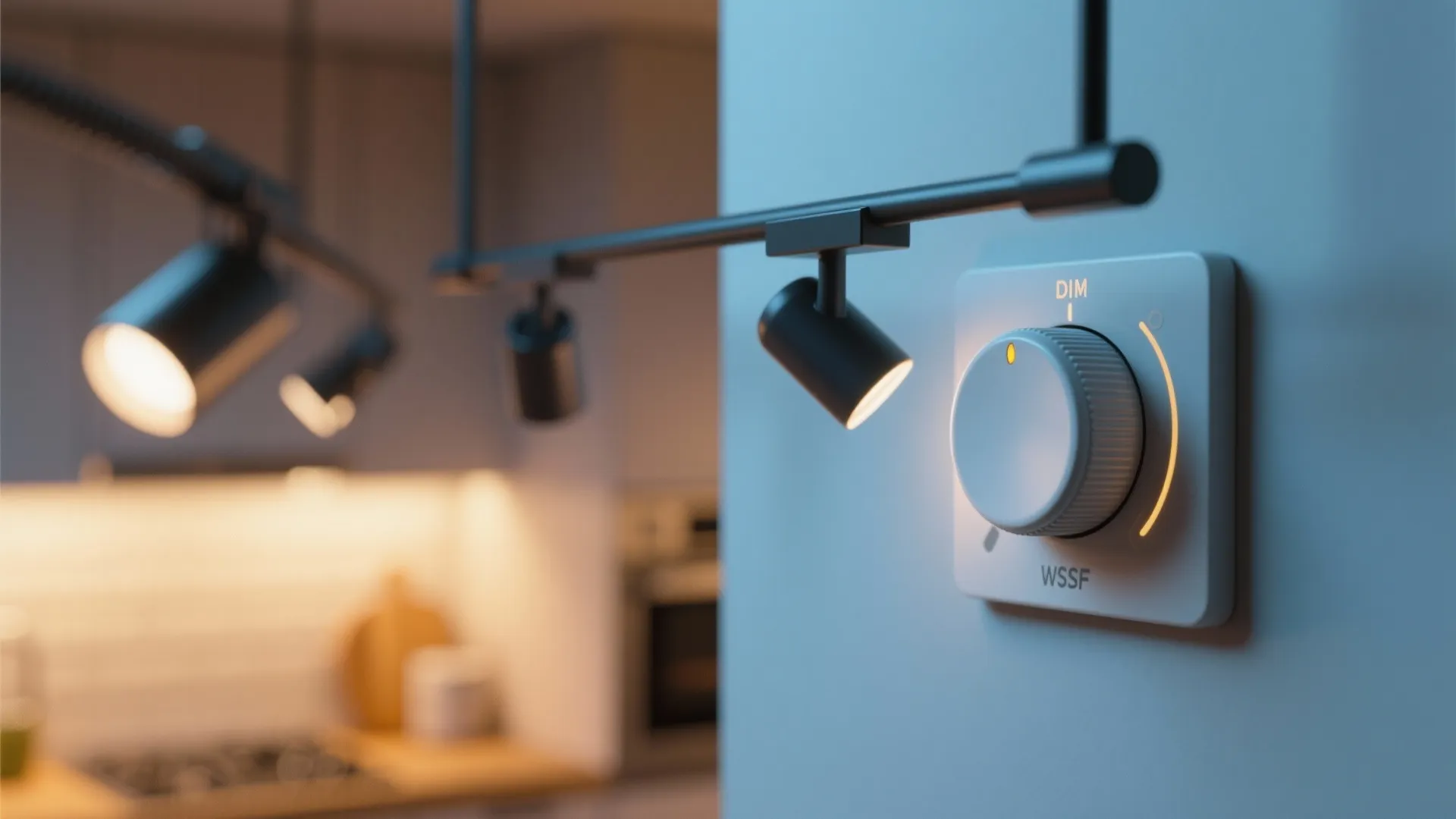 Close up of a white light dimmer switch on wall controlling black ceiling track lights