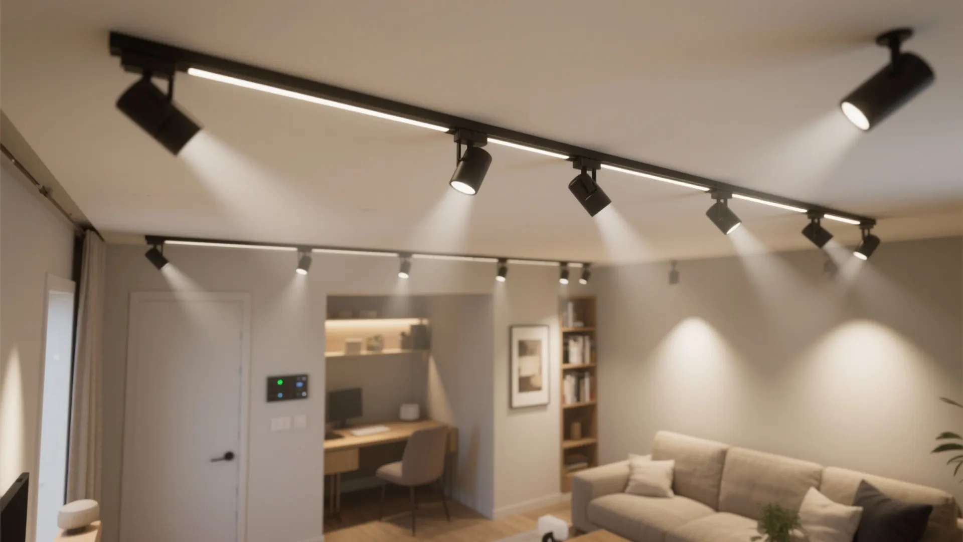 Modern living room featuring black track light system on ceiling above sofa and study desk