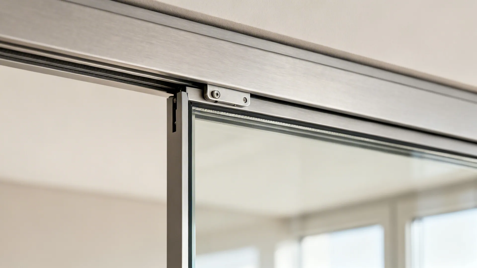 Macro of top-hung sliding door track and slim aluminum frame with clear glass.