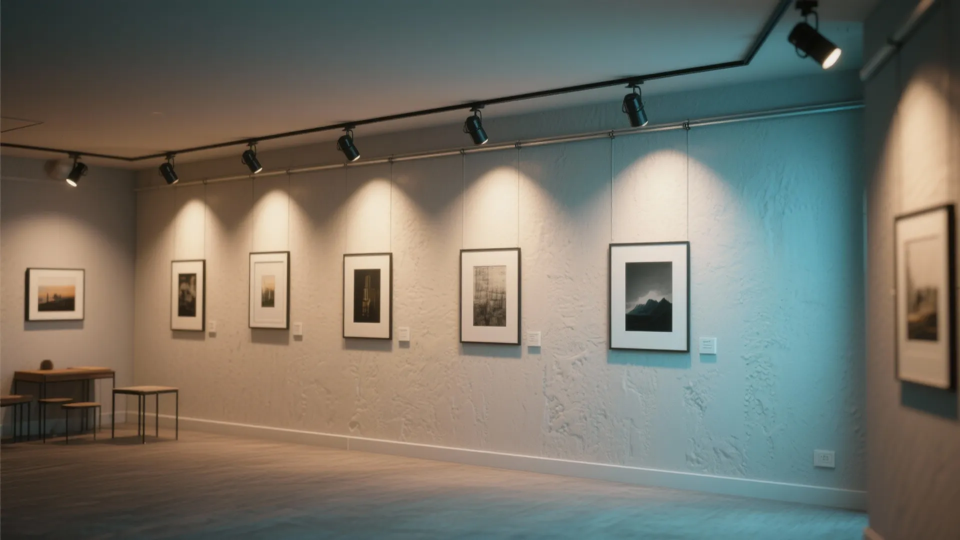 Art gallery wall with framed pictures lit by black ceiling track lights and wooden floor