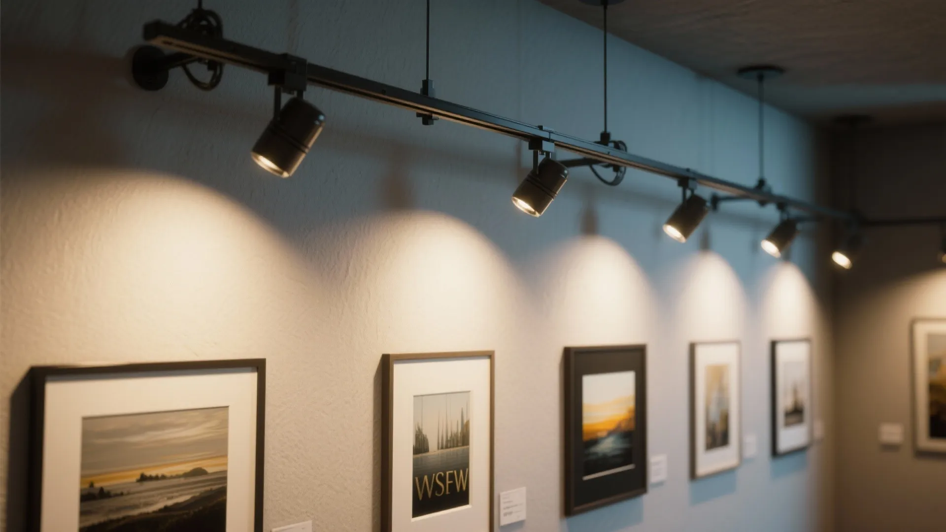 Black track light fixtures mounted on ceiling illuminating framed artwork displayed on a white gallery wall