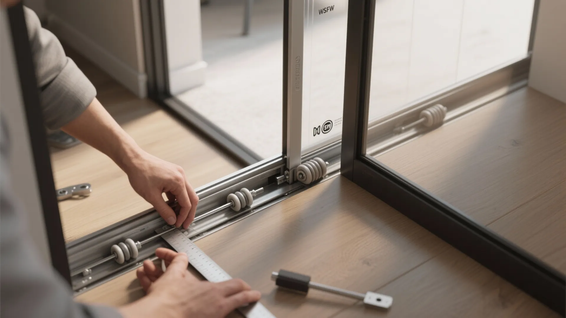 Person measuring a sliding door track with a metal ruler during a home repair project