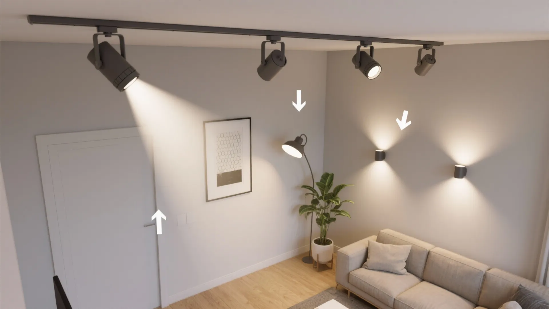 Track lighting with adjustable heads for layered control