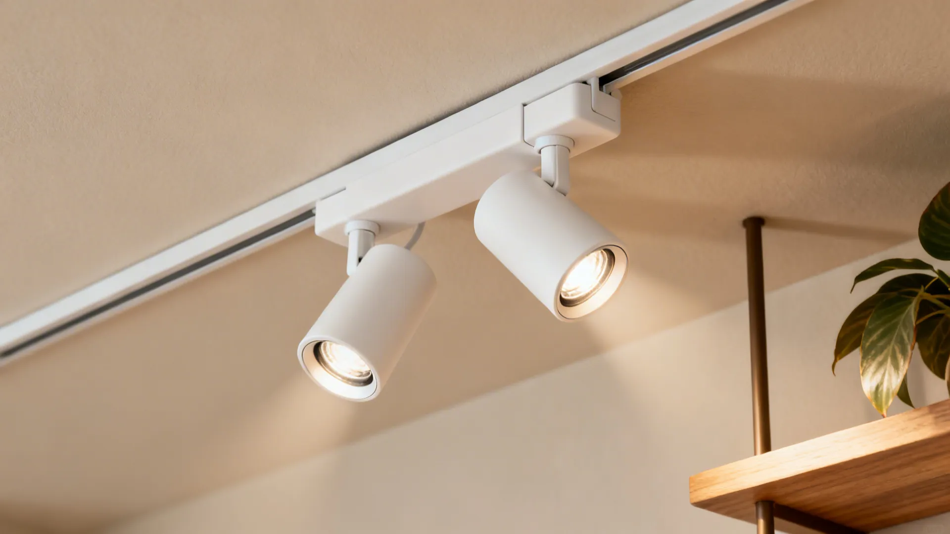 Micro-zoning with rugs, track lighting, and a plant shelf