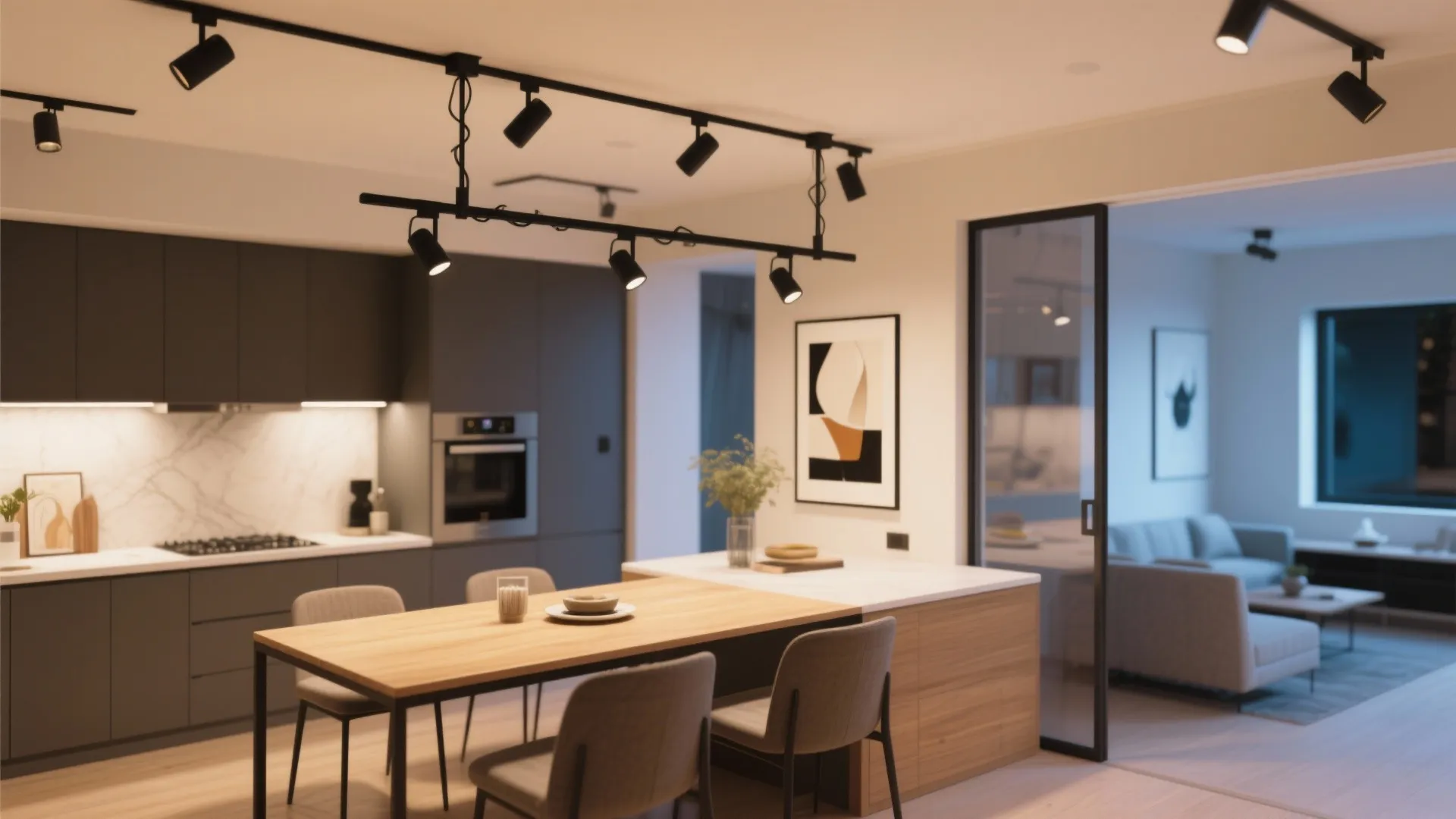 Modern kitchen with black track lighting wooden dining table grey chairs and open living room