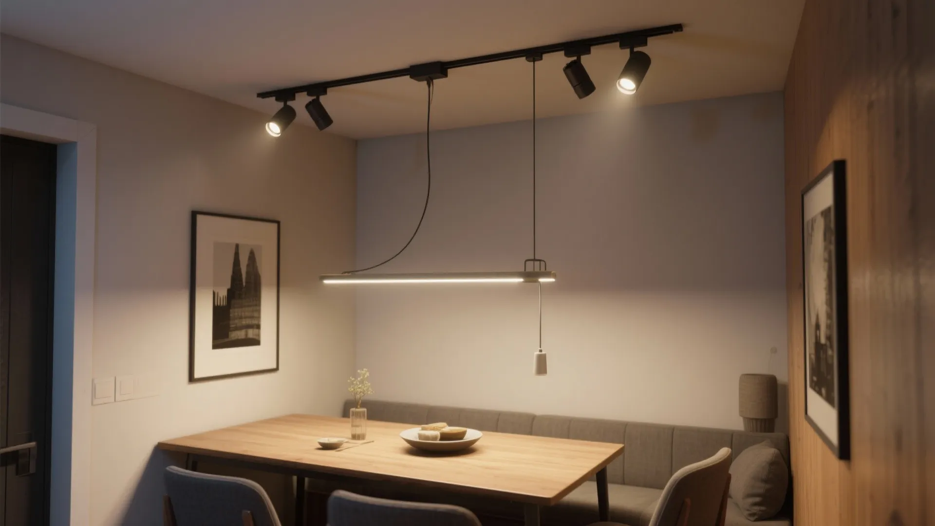Dining room with black track lighting and linear light fixture above a wooden dinner table