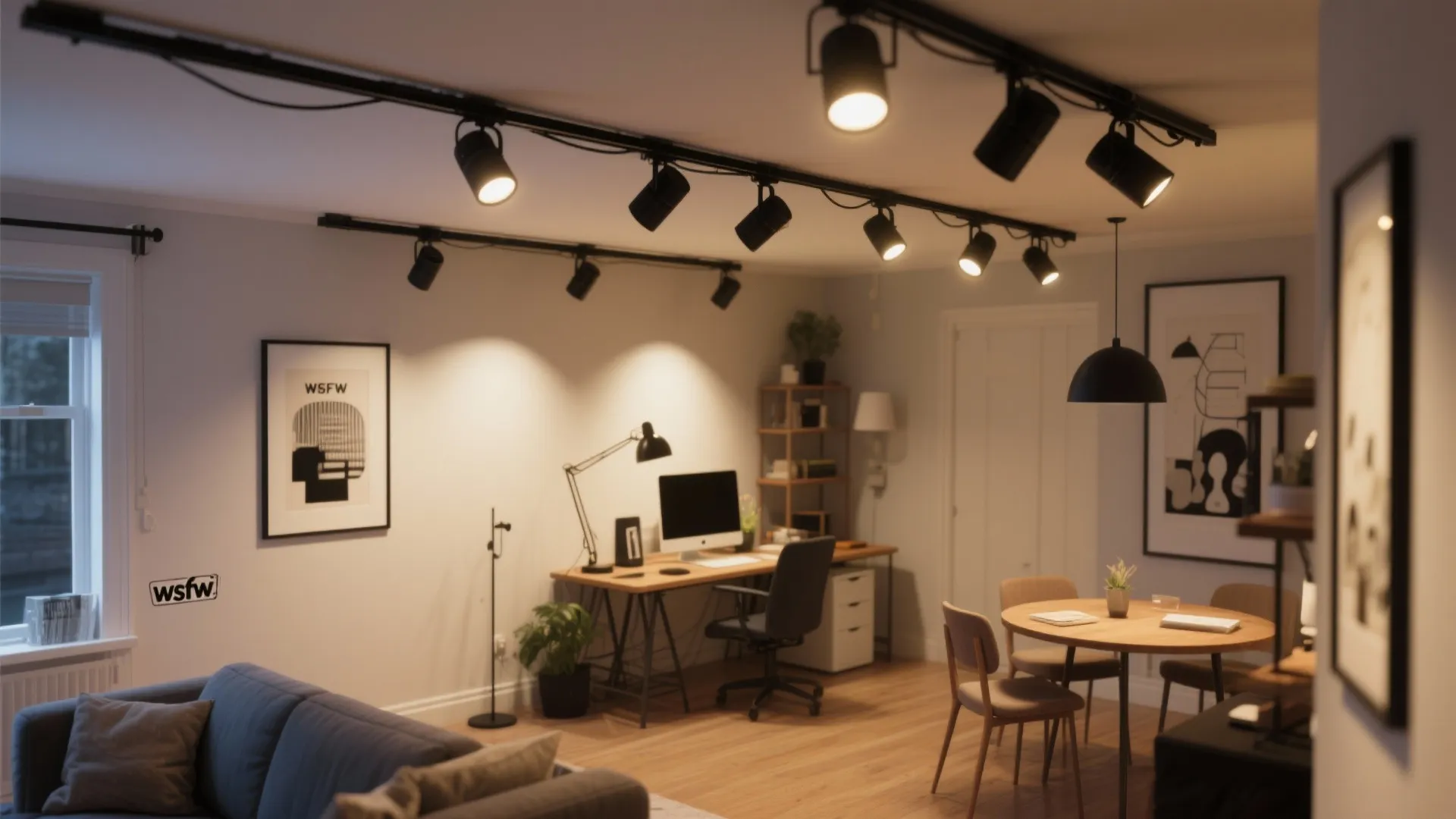 Home office and dining area with black track lighting wooden desk chair and round table