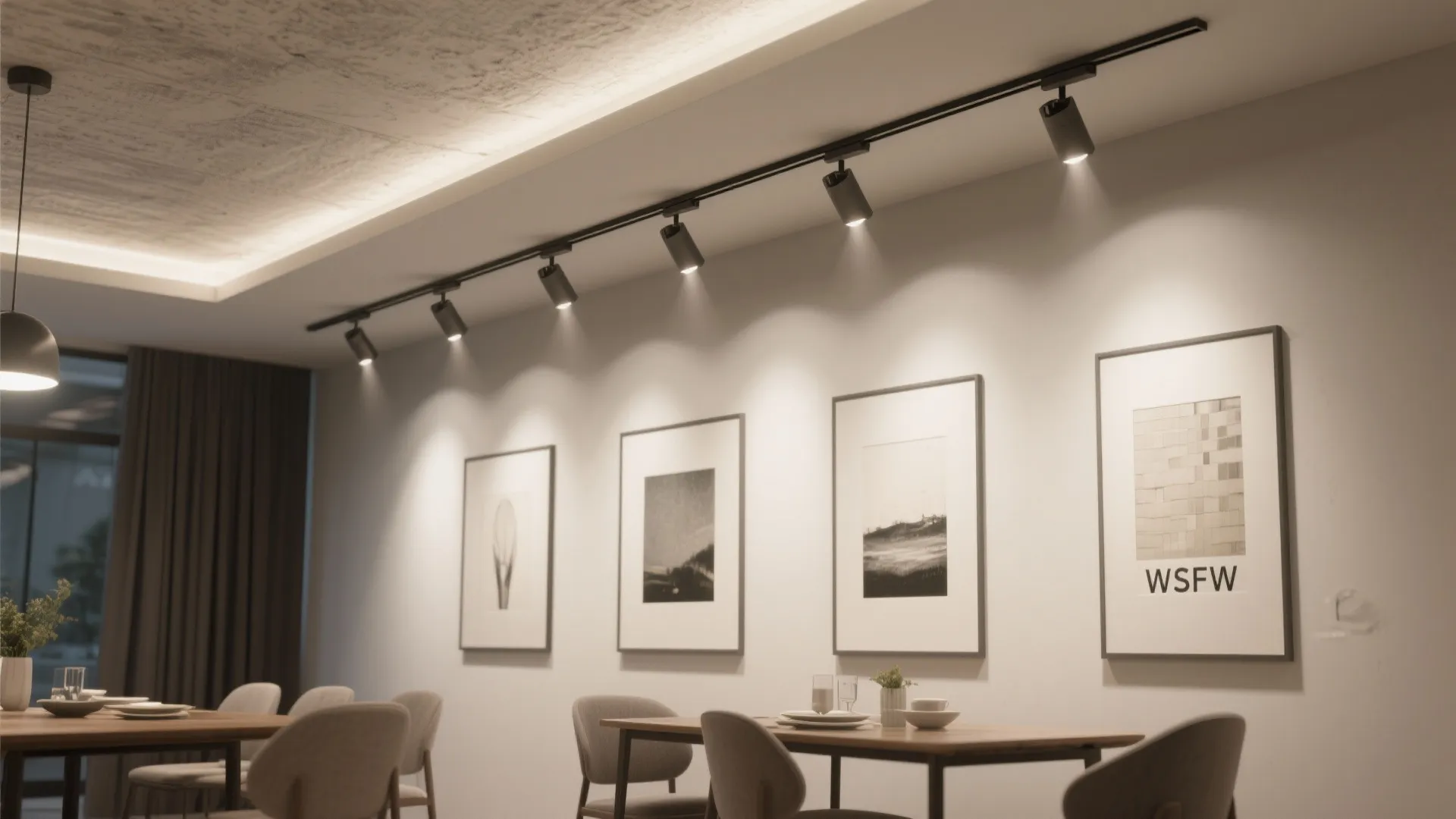Low-profile adjustable track lighting providing spot and ambient light in a dining area with artwork.