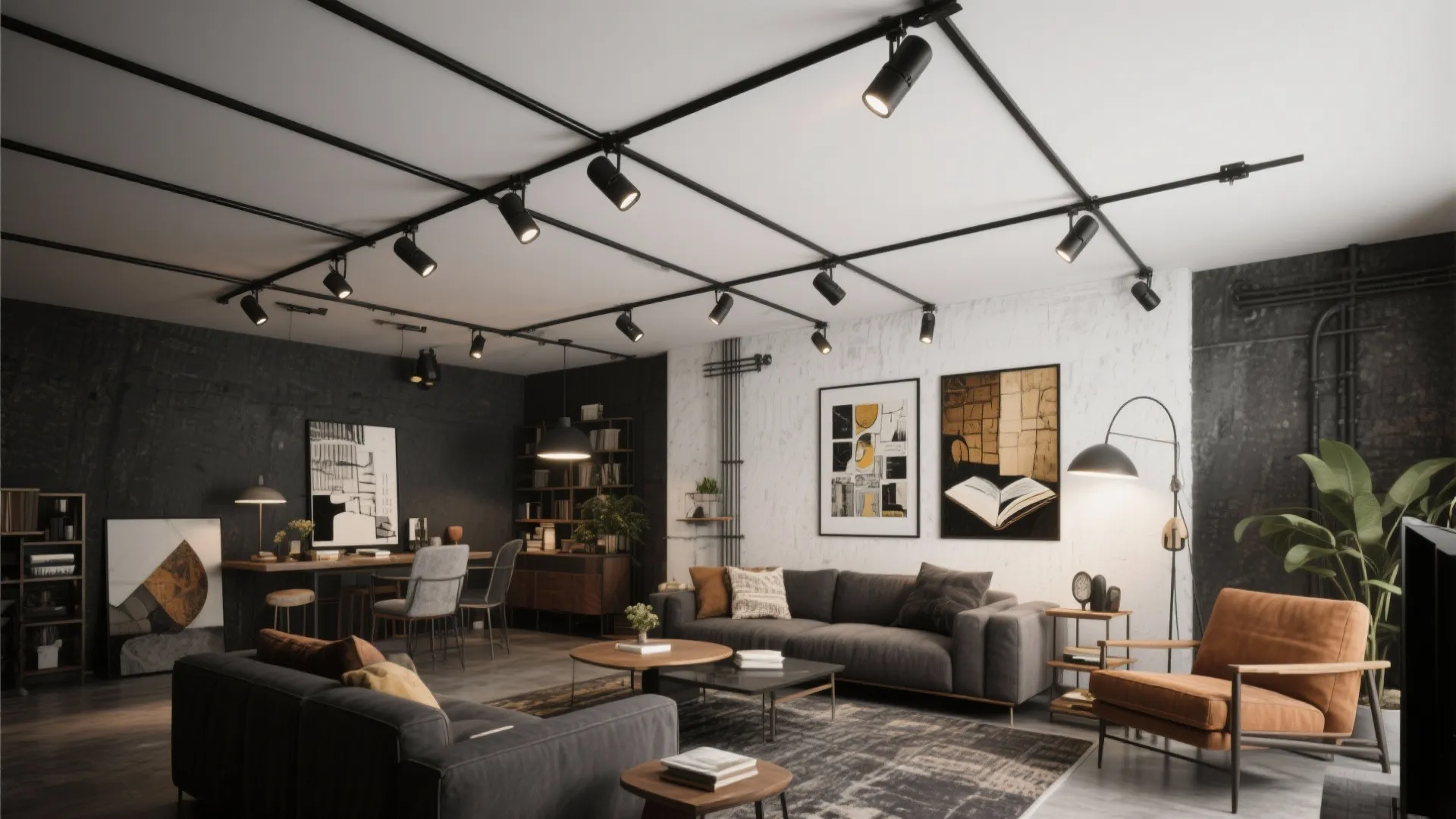 Industrial living room featuring black track lighting system grey sofa wooden table and stylish arm chair