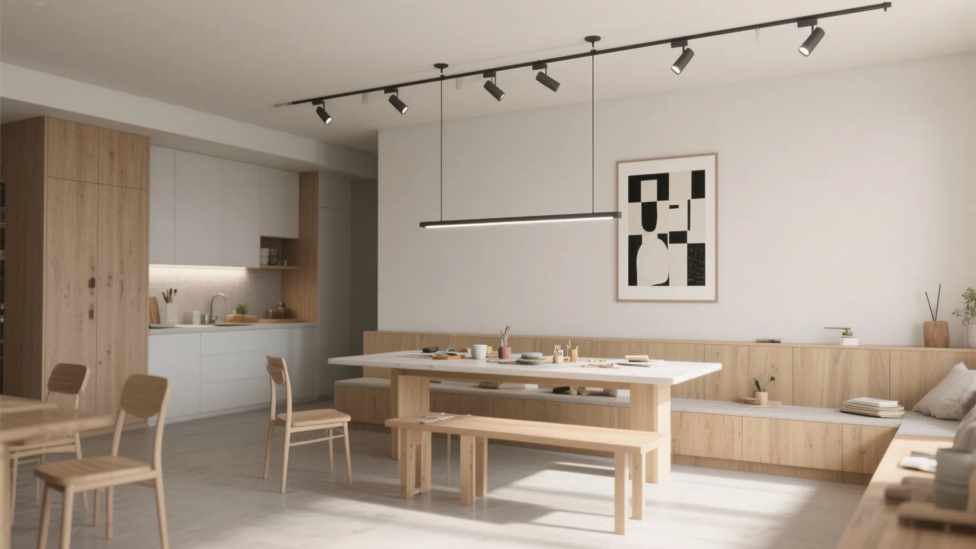 Minimalist dining room with wooden furniture black track light fixture and white kitchen cabinet background