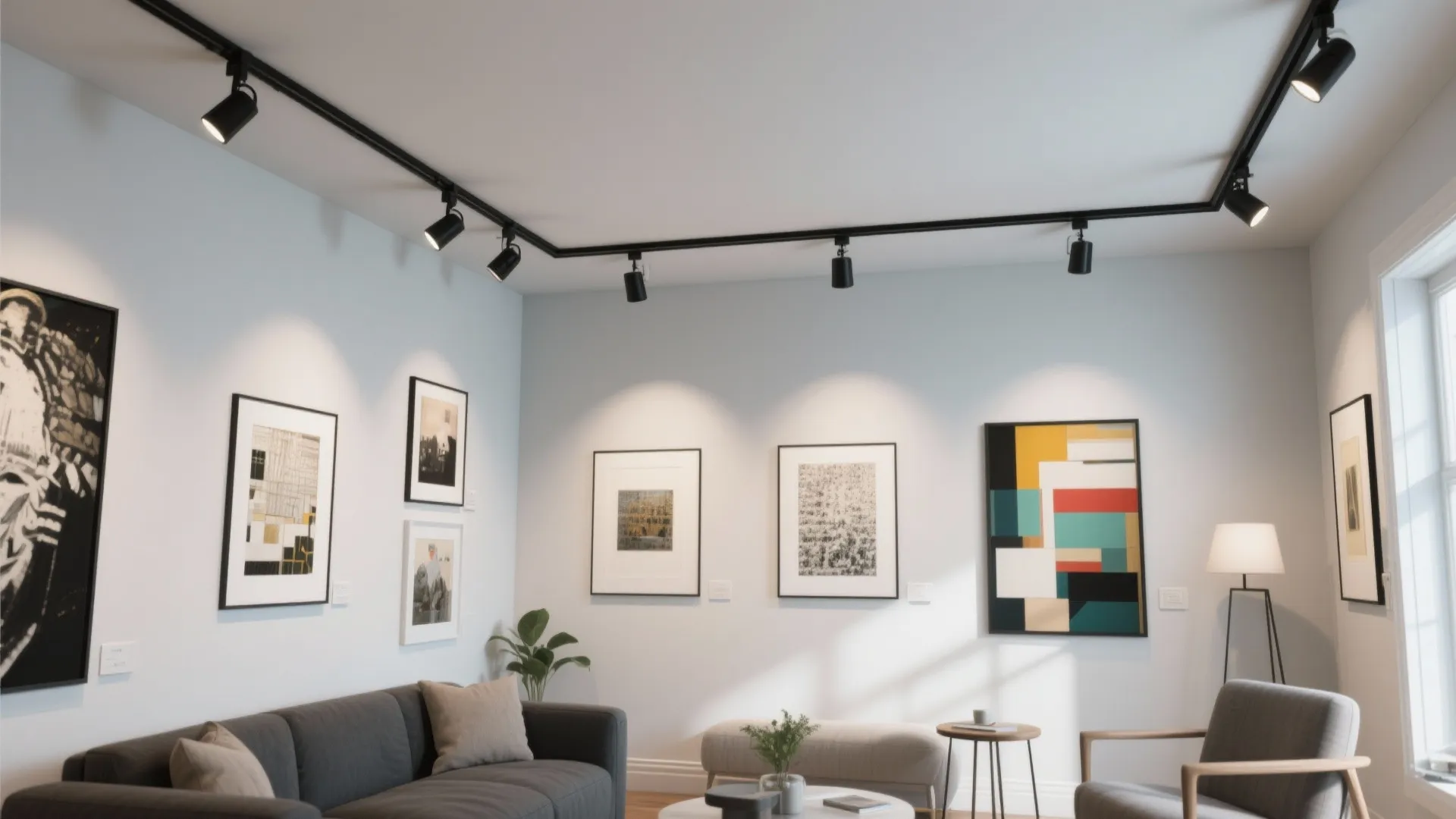 Low-profile black track lighting with adjustable heads illuminating multiple artworks in a compact room.