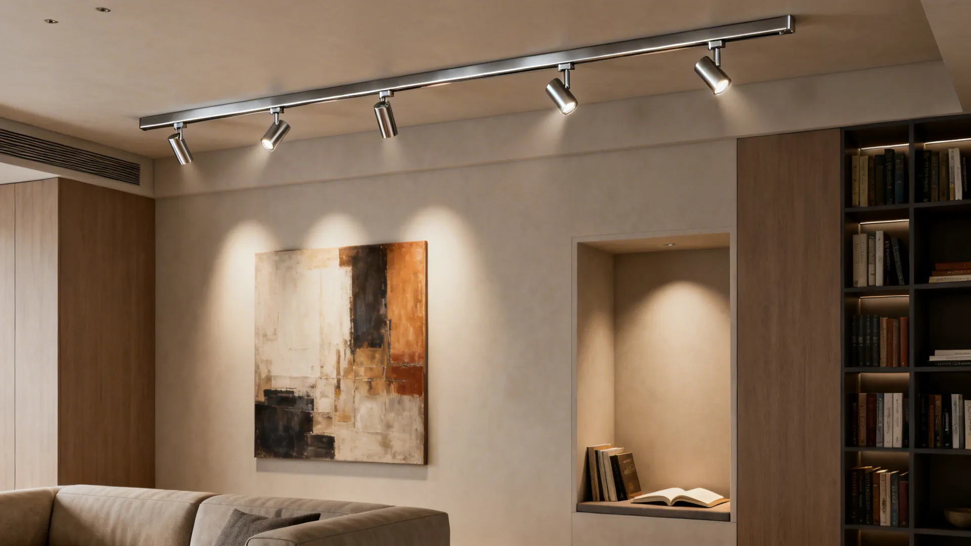 Low-profile track lighting with adjustable heads illuminating artwork and reading nook in a modern living room.
