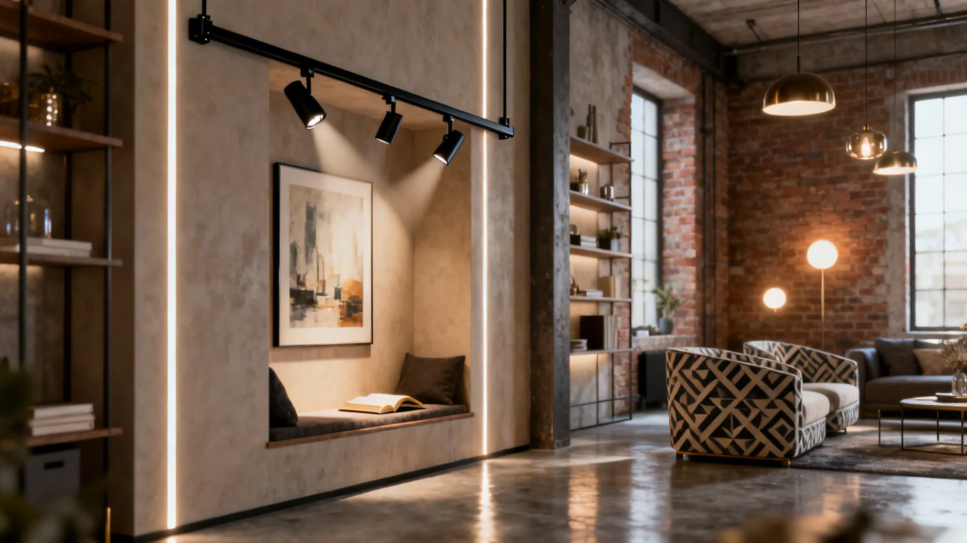 Slim black track lighting aimed at art and a reading nook in a compact living loft.