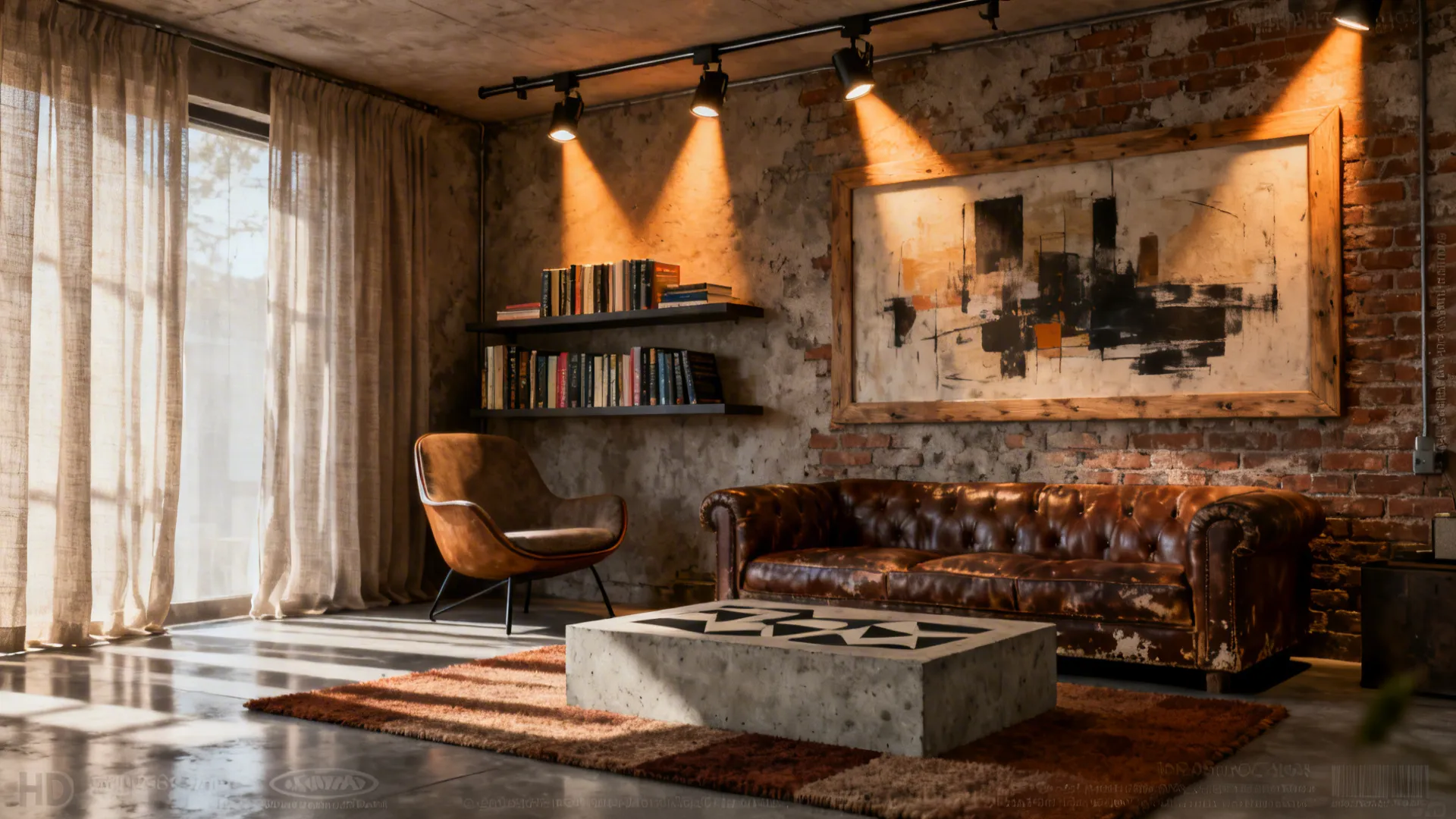 Short track lighting run in a small living room spotlighting a reading corner and artwork.