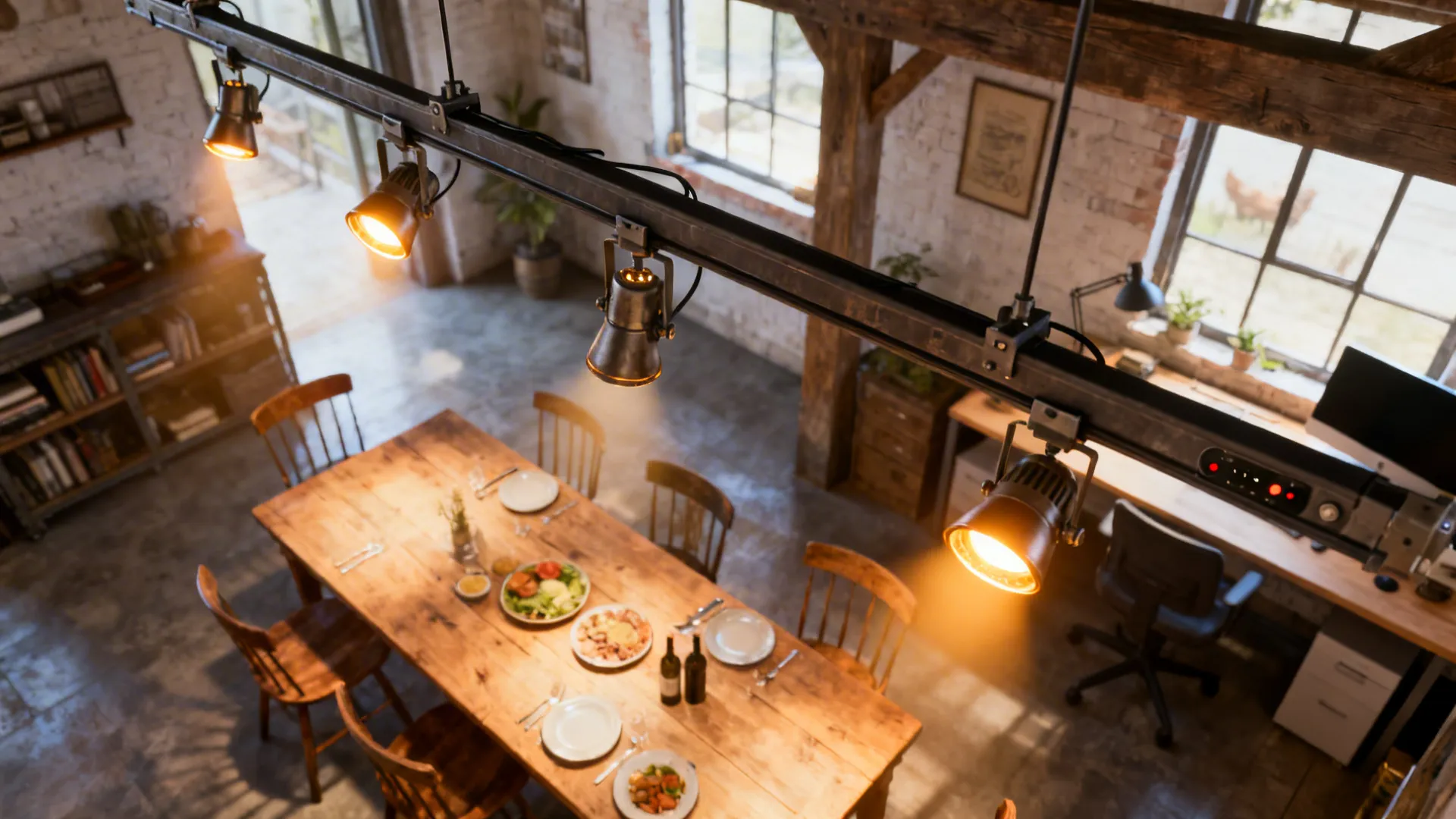 Adjustable track lighting above a farmhouse table aimed at different zones