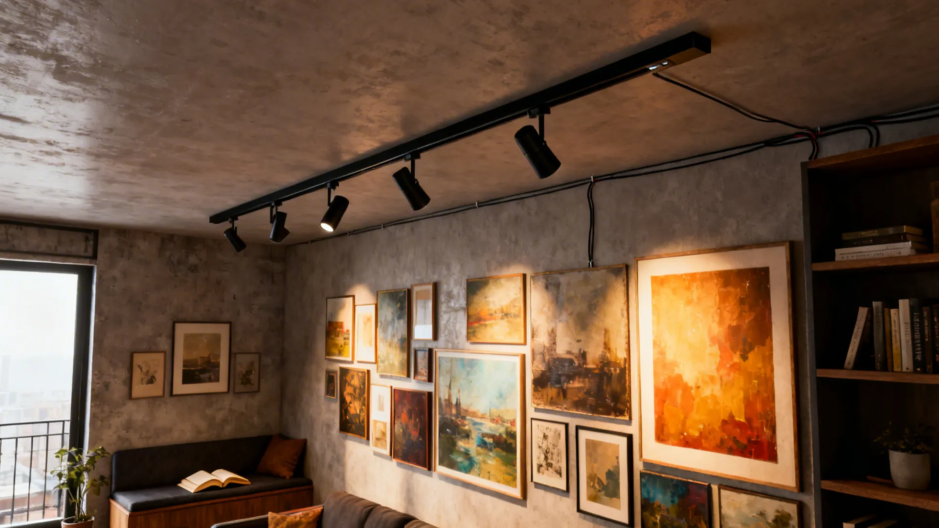Slim track lighting aimed at a gallery wall and reading nook in a compact living space.
