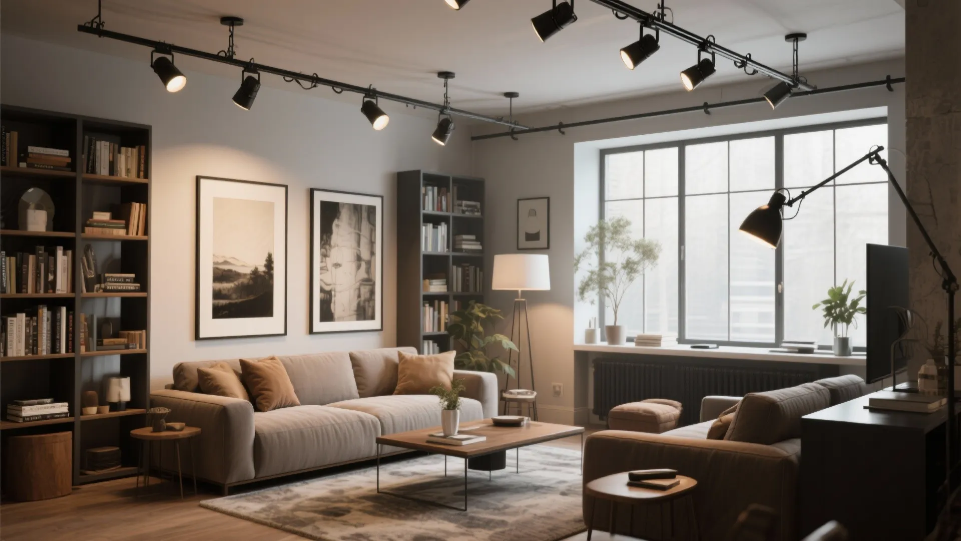 Living room interior with black track ceiling light and tall bookshelves beside a large window
