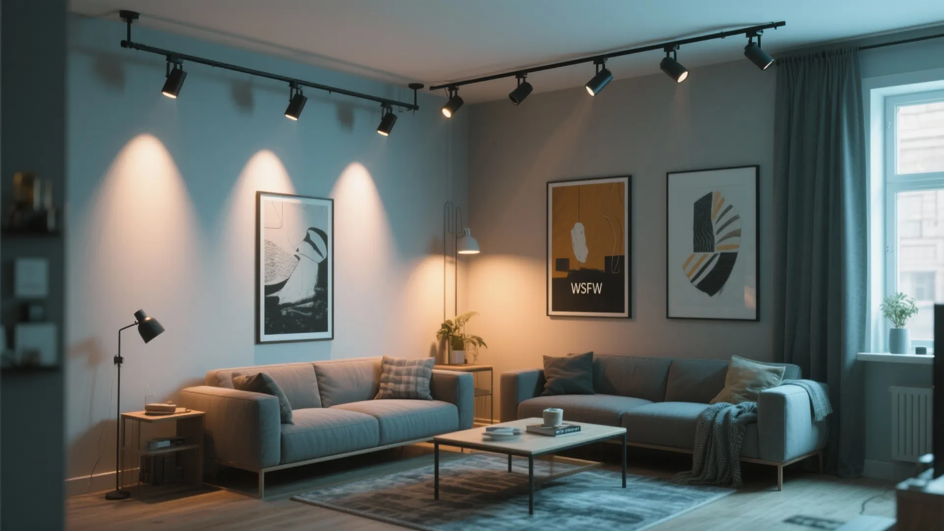 Small apartment with low-profile track lighting and adjustable heads for flexible accenting