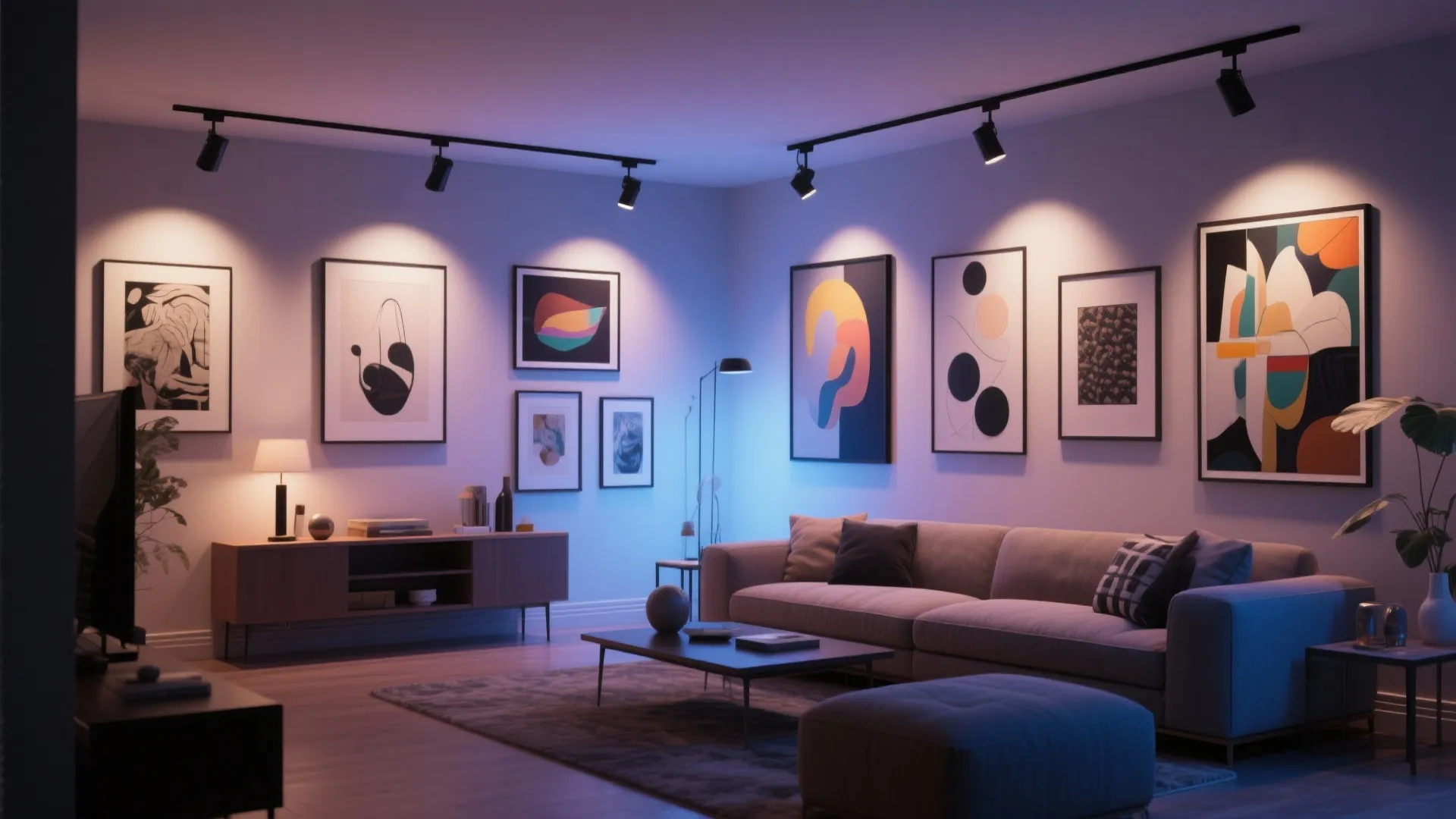 Living room with black ceiling track lights shining on colorful wall art above a grey sofa